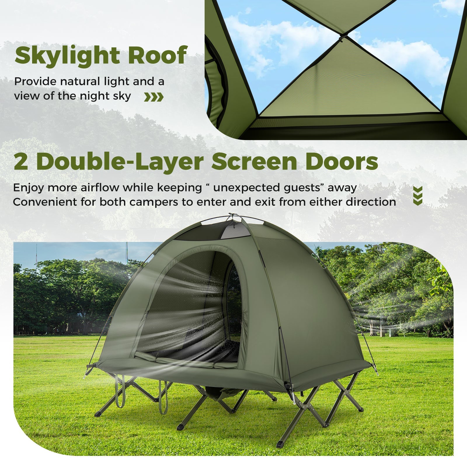 2-Person Camping Cot Tent Foldable Off-Ground Camping Combo for Adults - Energize Trek