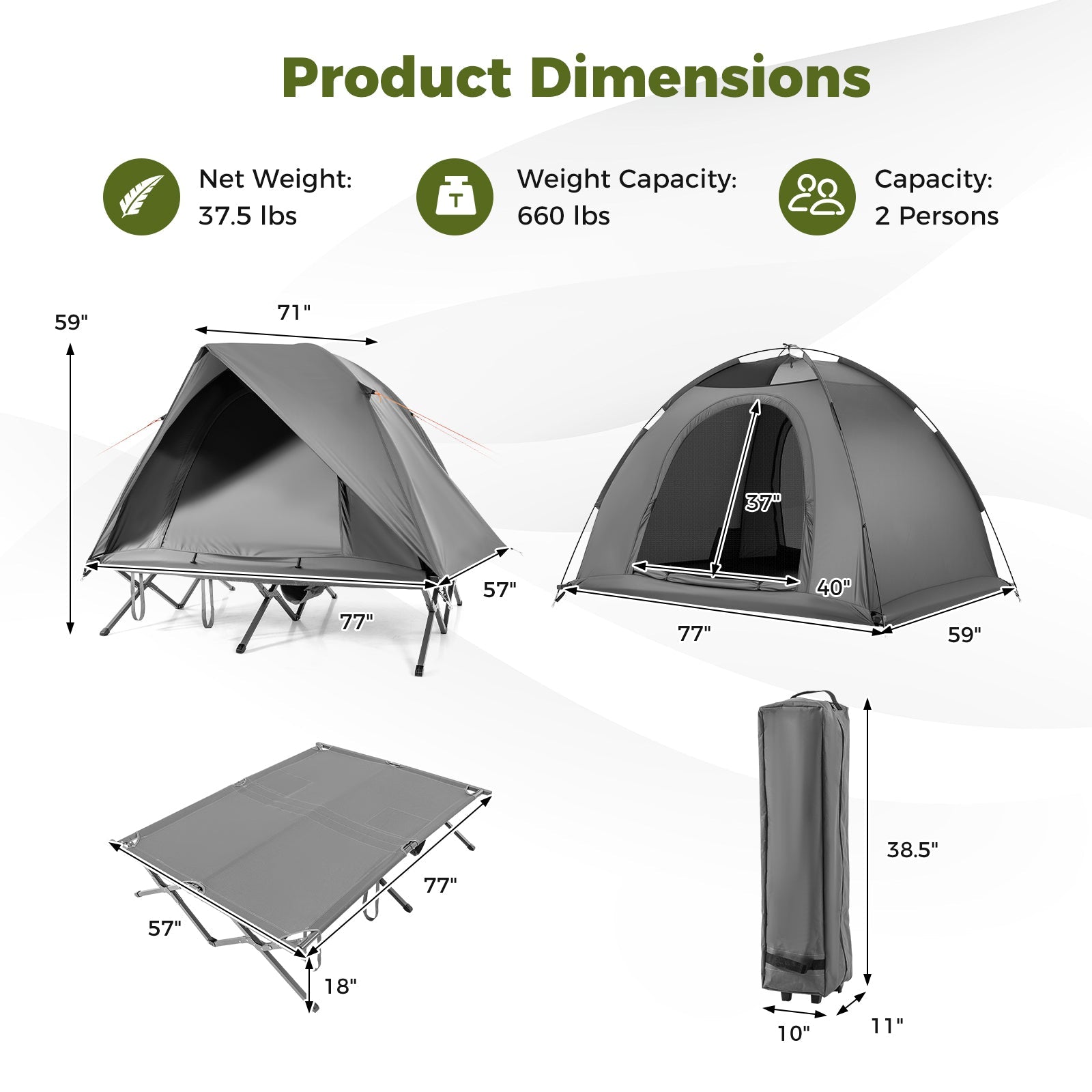 2-Person Camping Cot Tent Foldable Off-Ground Camping Combo for Adults - Energize Trek