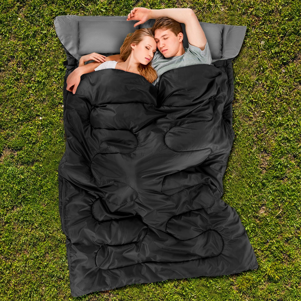2 Person Waterproof Sleeping Bag with 2 Pillows-Black - Energize Trek