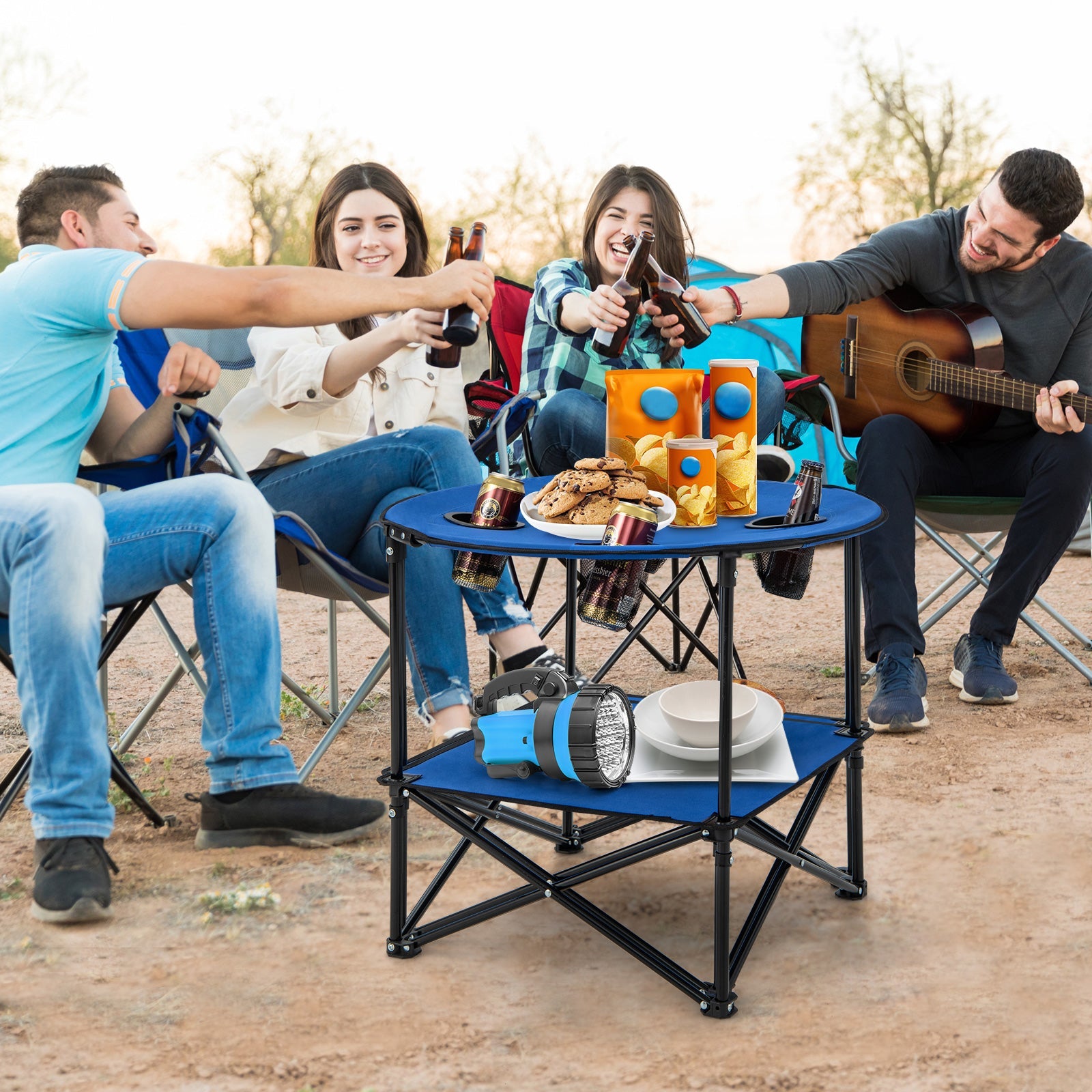 2-Tier Portable Picnic Table with Carrying Bag and 4 Cup Holders-Blue - Energize Trek