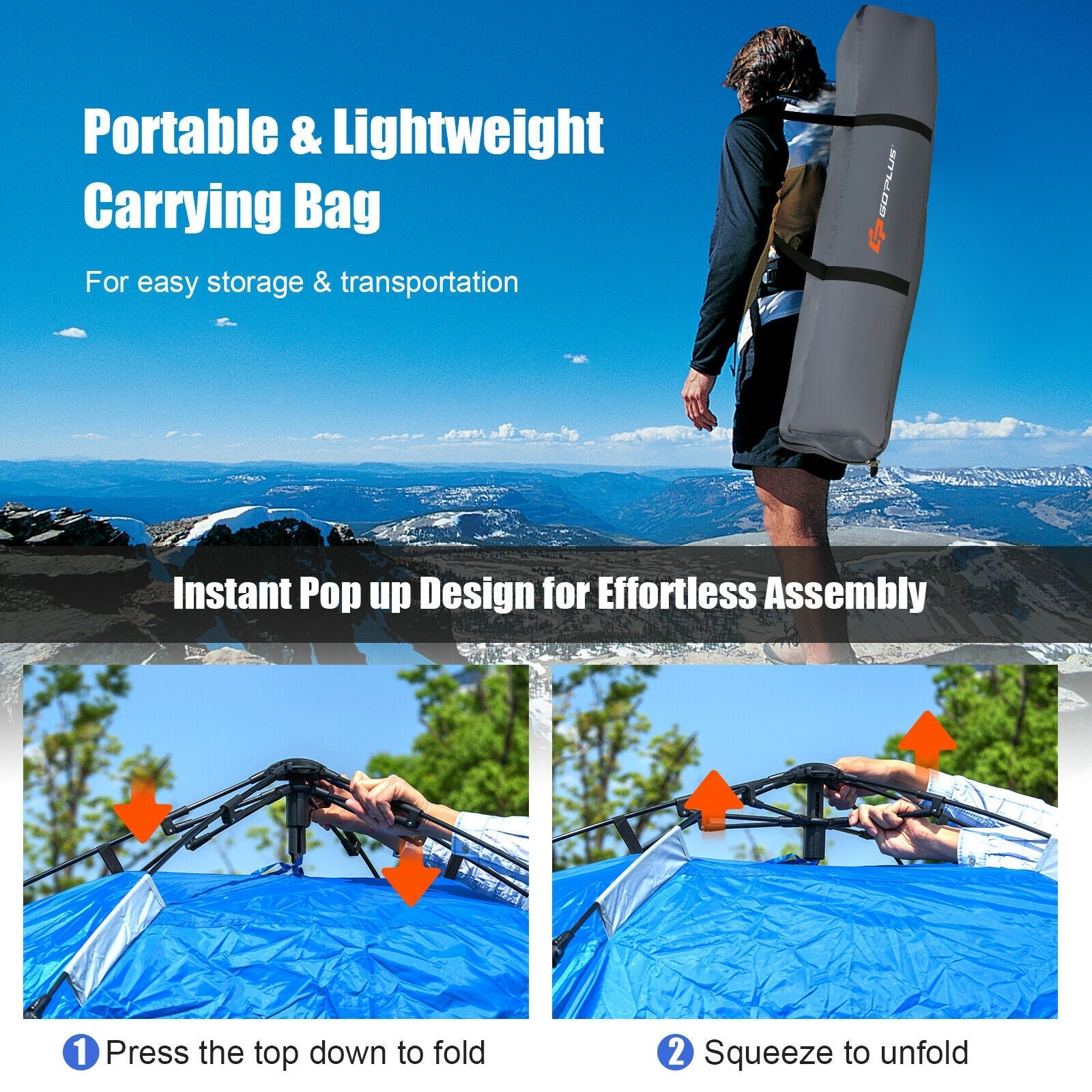 2-in-1 4 Person Instant Pop-up Waterproof Camping Tent-Blue - Energize Trek