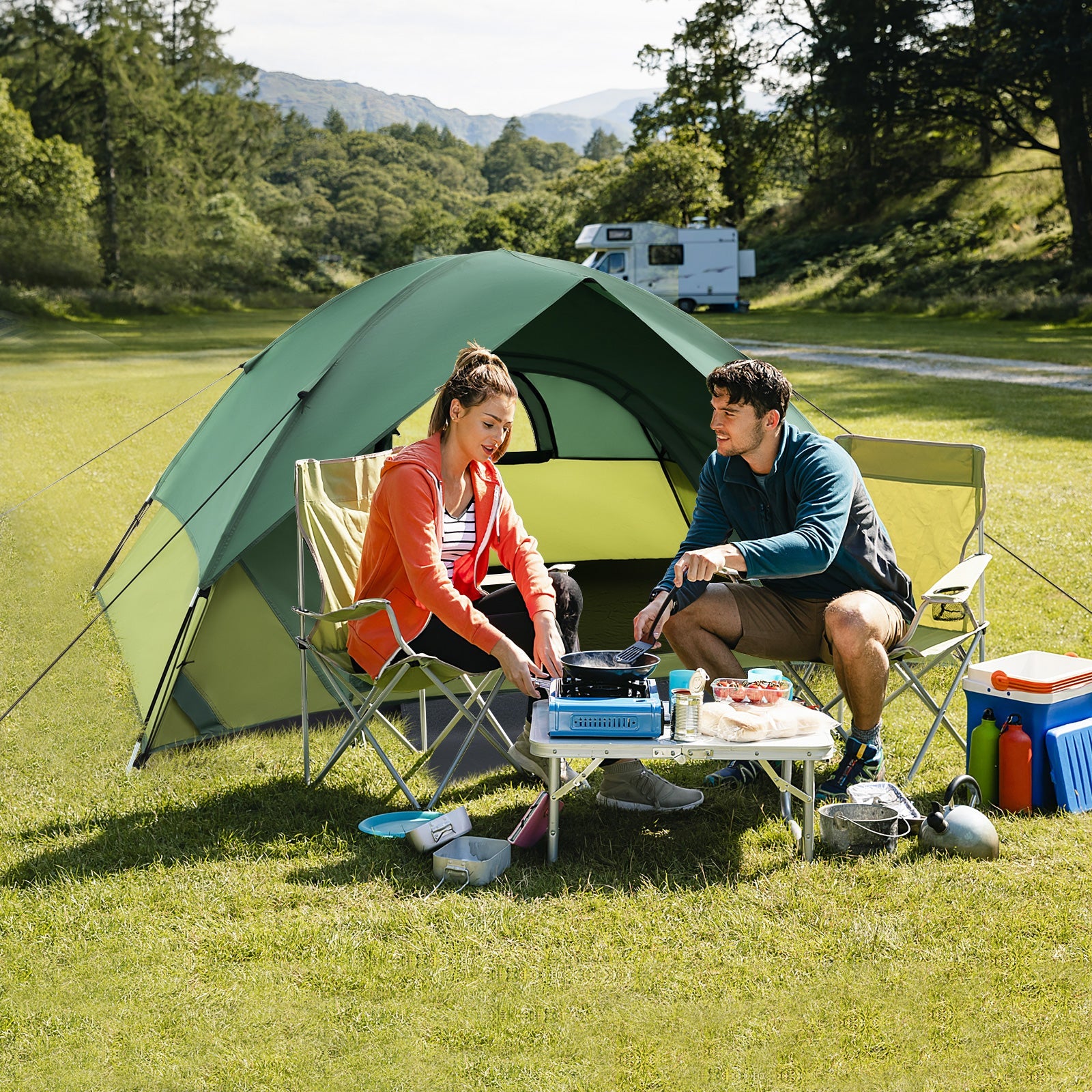 2-person Camping Tent w/ Removable Rain Fly and Double-layer Door-Green - Energize Trek