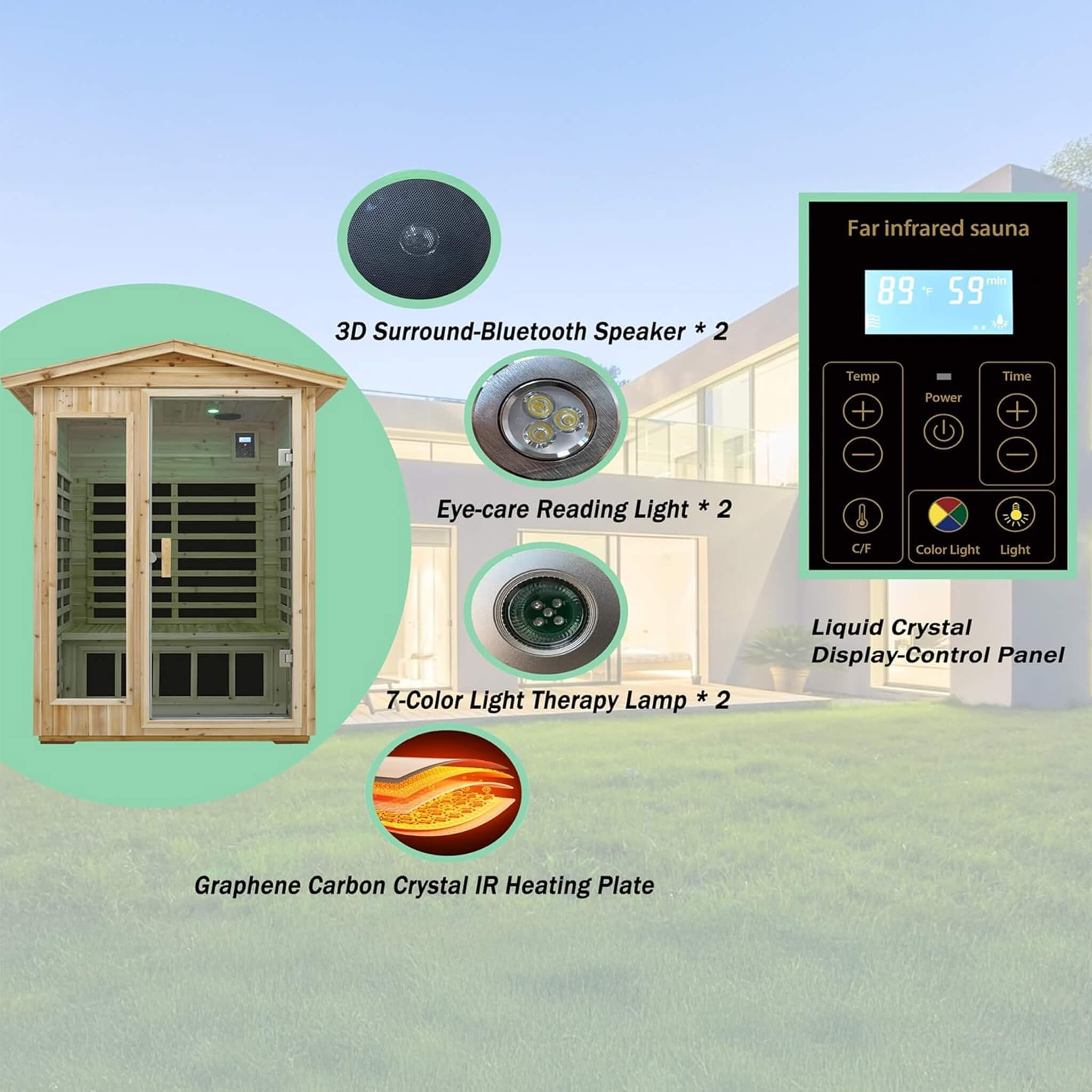 Luxury 2-Person Outdoor Low EMF Hemlock Infrared Sauna With Bluetooth And Chromotherapy Light (SAK97318) - Energize Trek