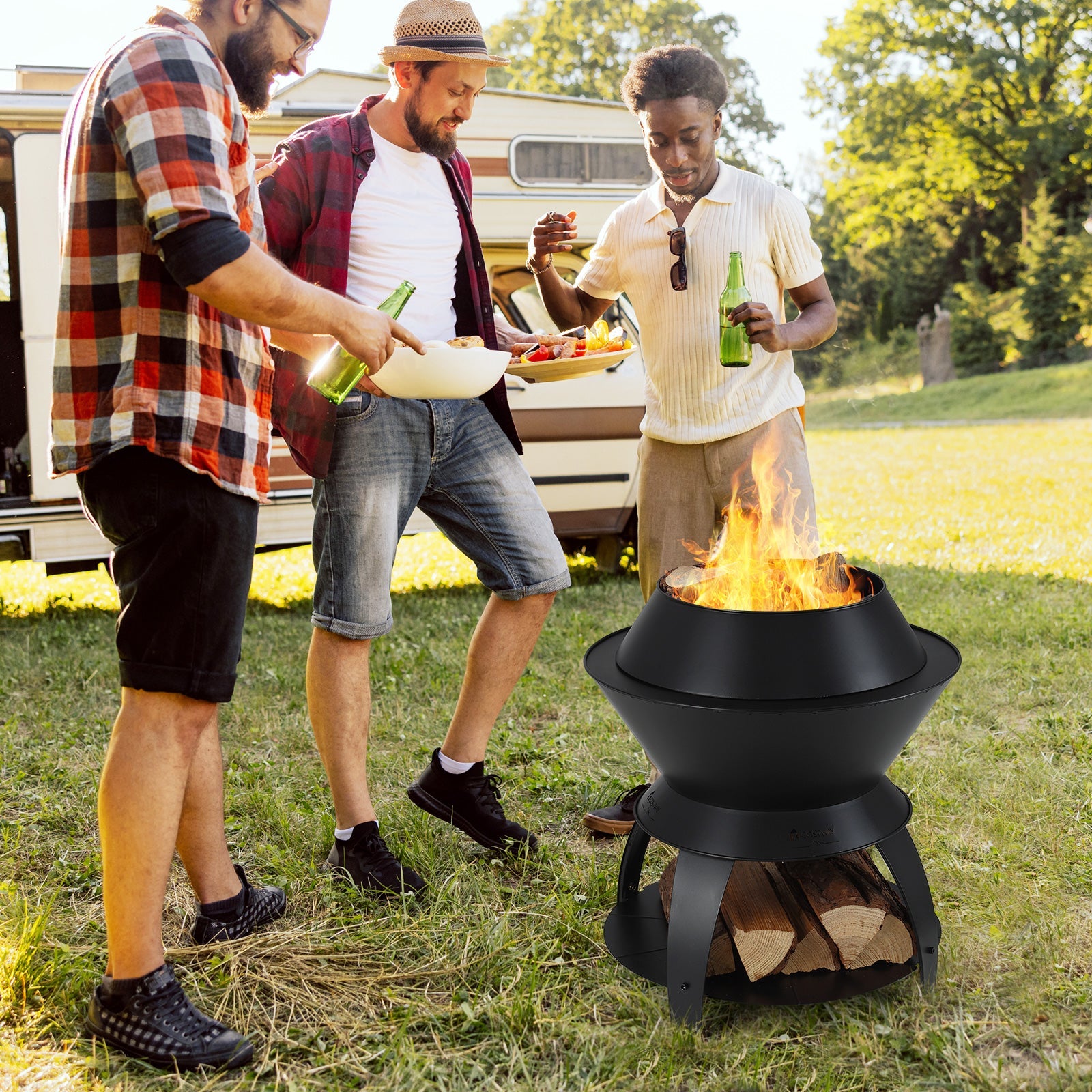 20 Inch Patio Fire Pit Metal Camping Fire Bowl with Pot Holder and Storage Shelf-Black - Energize Trek