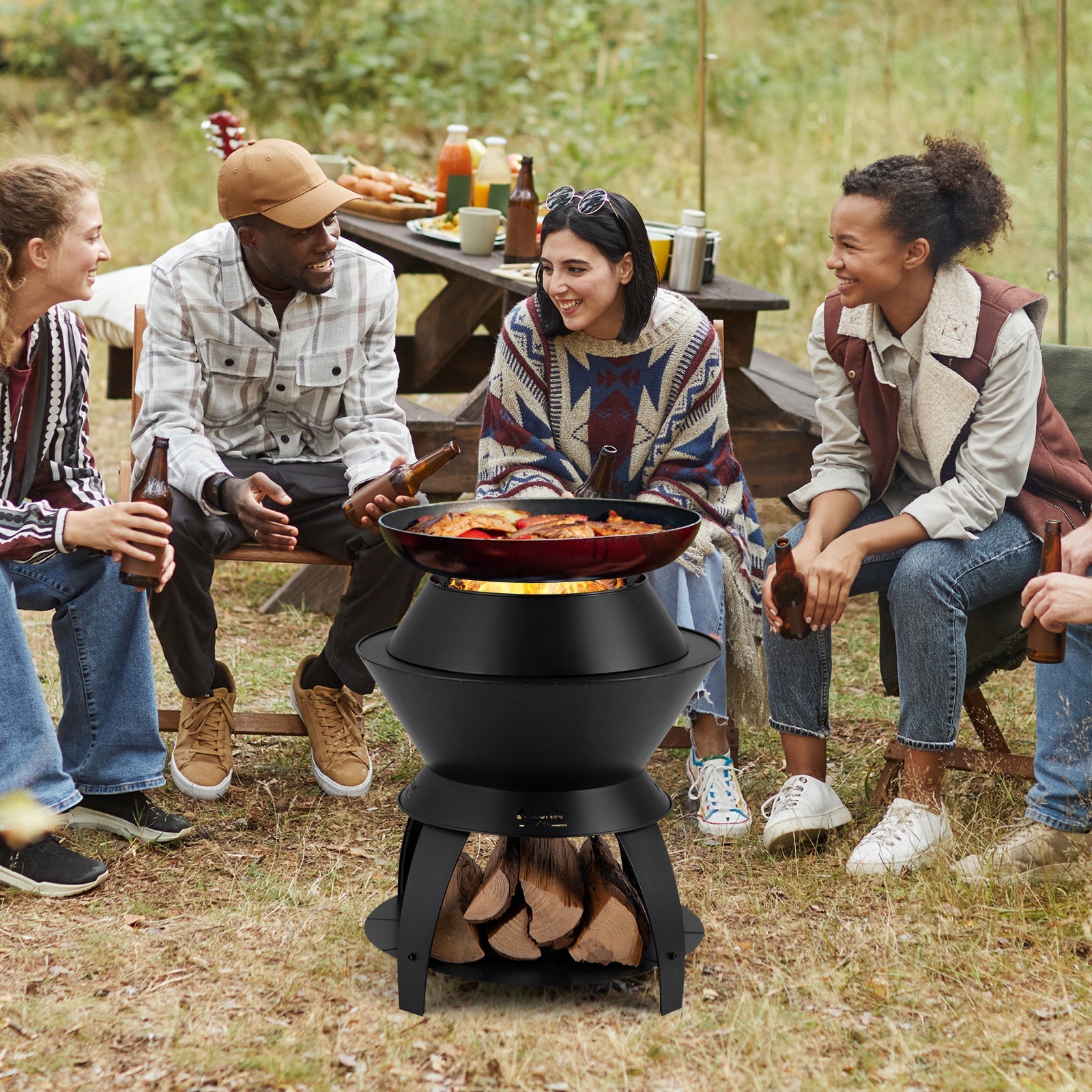 20 Inch Patio Fire Pit Metal Camping Fire Bowl with Pot Holder and Storage Shelf-Black - Energize Trek