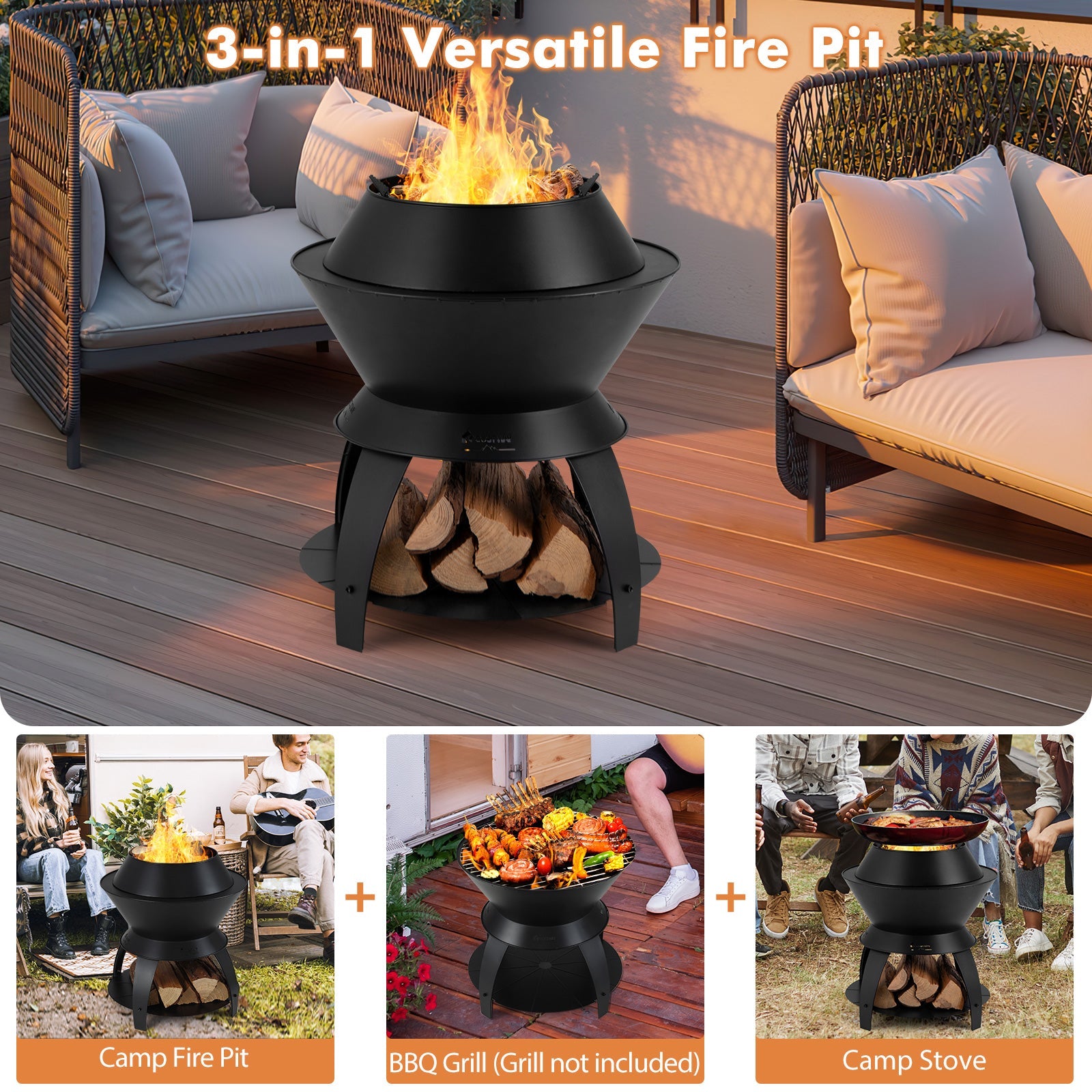 20 Inch Patio Fire Pit Metal Camping Fire Bowl with Pot Holder and Storage Shelf-Black - Energize Trek
