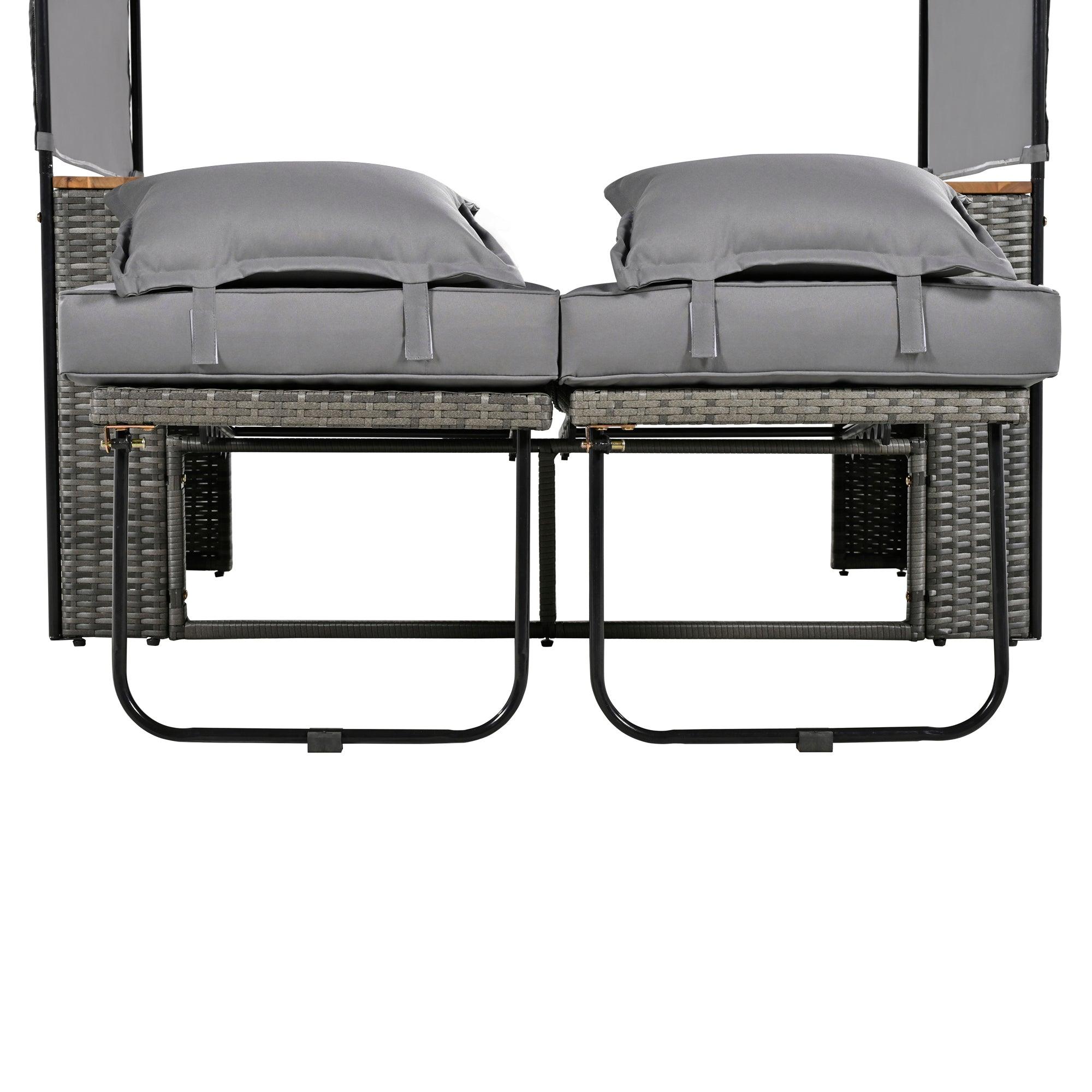 2-Piece Outdoor Rattan Daybed with Bench Lounge Roof Set and Cushions for Poolside, Backyard and Garden
