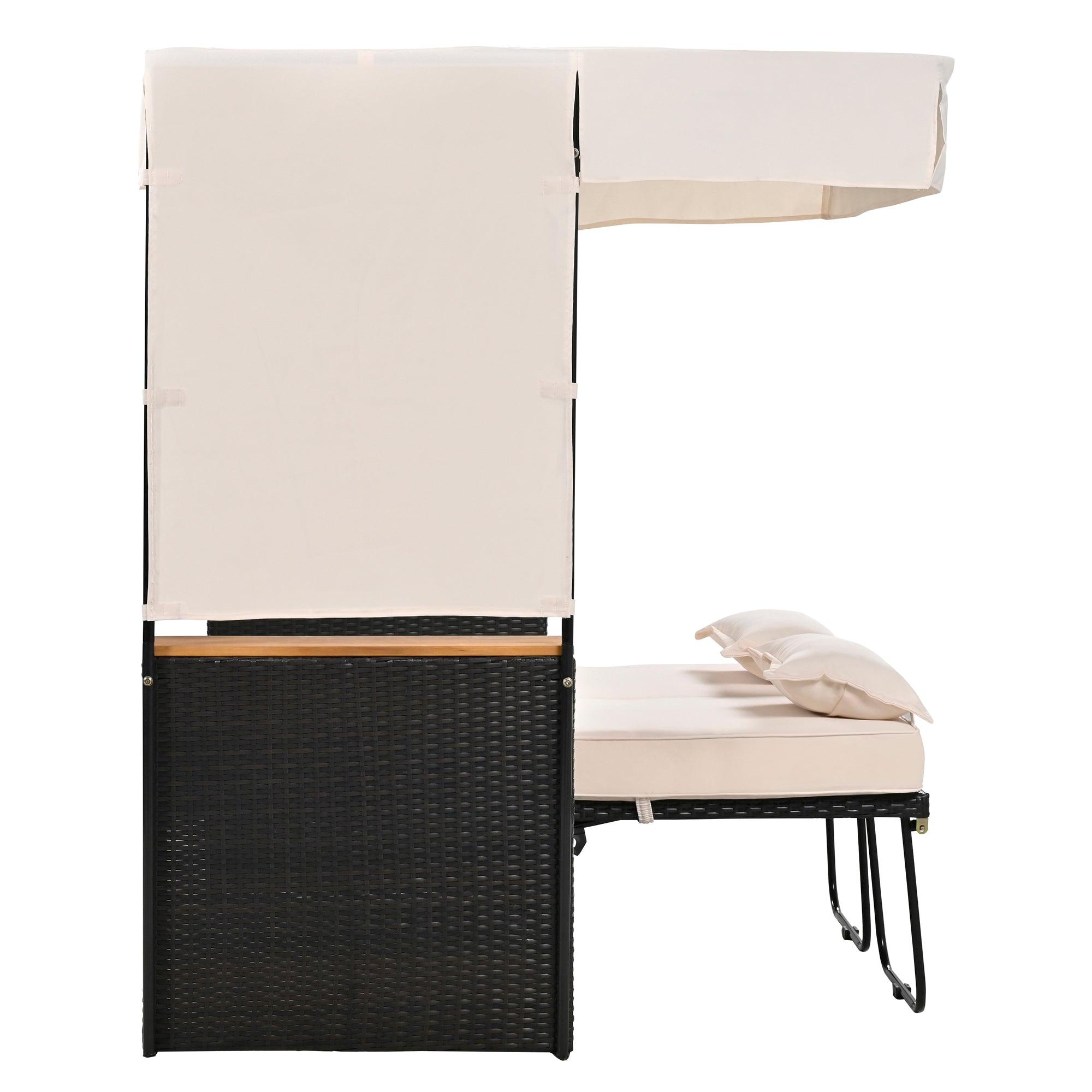 2-Piece Outdoor Rattan Daybed with Bench Lounge Roof Set and Cushions for Poolside, Backyard and Garden - Energize Trek