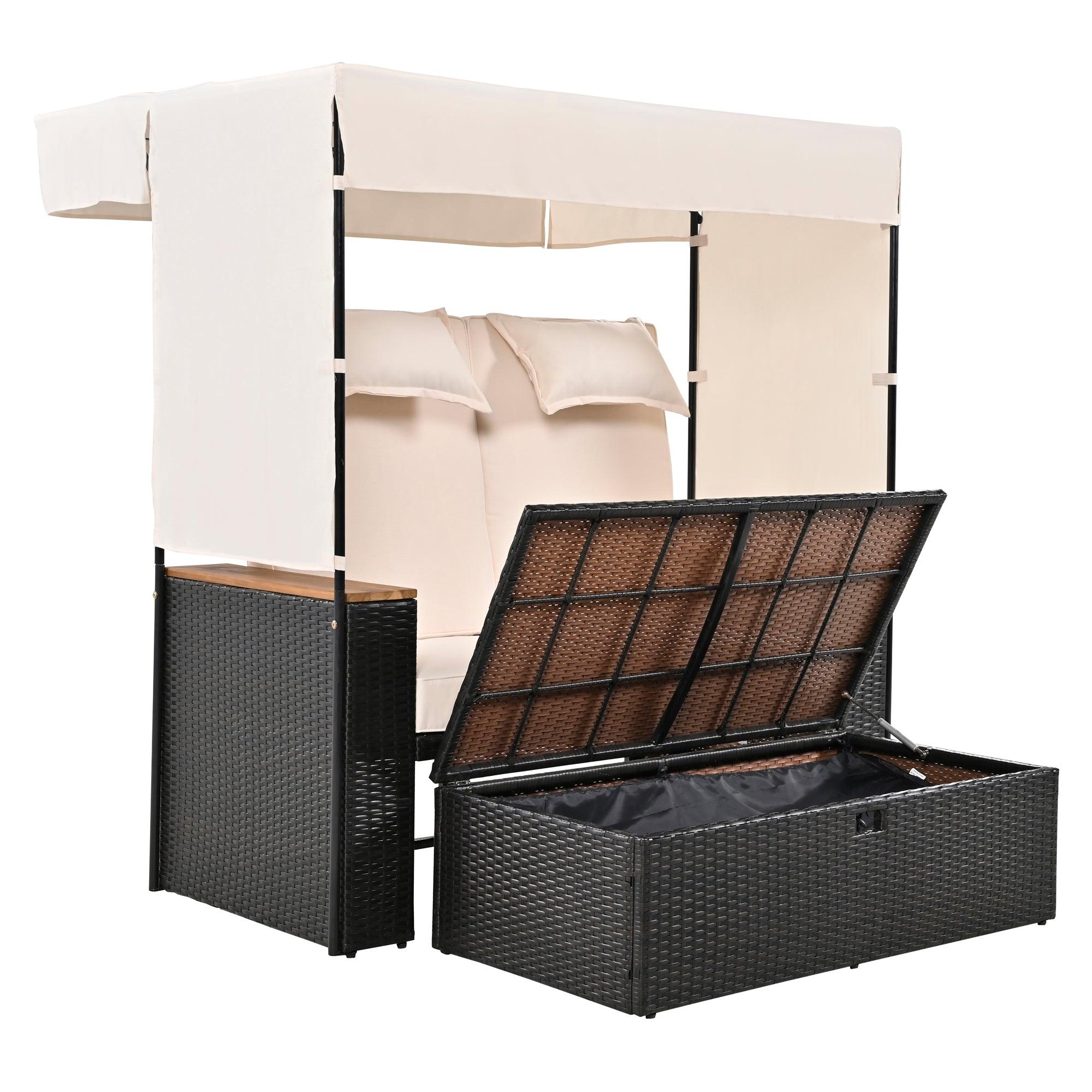 2-Piece Outdoor Rattan Daybed with Bench Lounge Roof Set and Cushions for Poolside, Backyard and Garden - Energize Trek