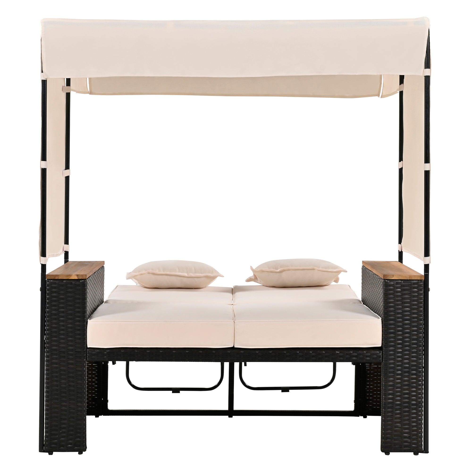 2-Piece Outdoor Rattan Daybed with Bench Lounge Roof Set and Cushions for Poolside, Backyard and Garden - Energize Trek
