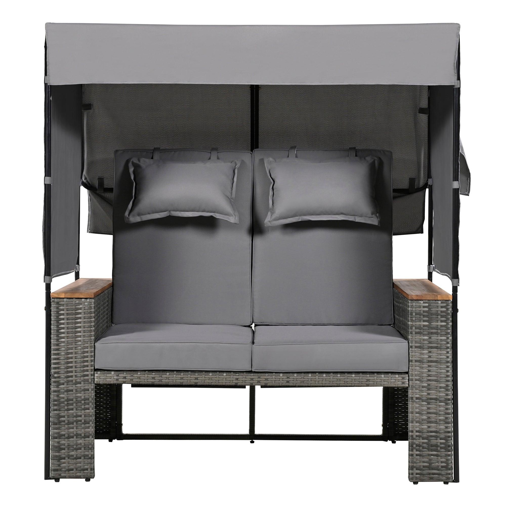 2-Piece Outdoor Rattan Daybed with Bench Lounge Roof Set and Cushions for Poolside, Backyard and Garden - Energize Trek