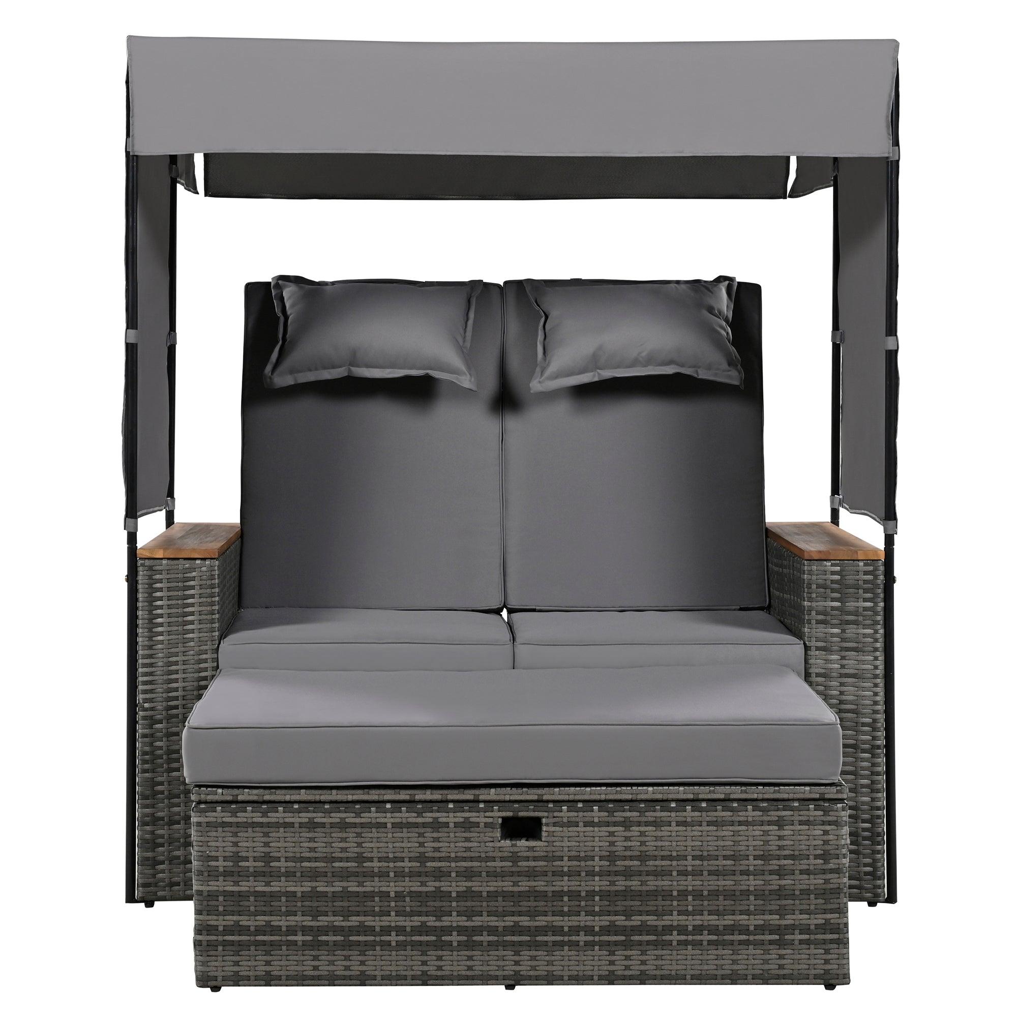 2-Piece Outdoor Rattan Daybed with Bench Lounge Roof Set and Cushions for Poolside, Backyard and Garden