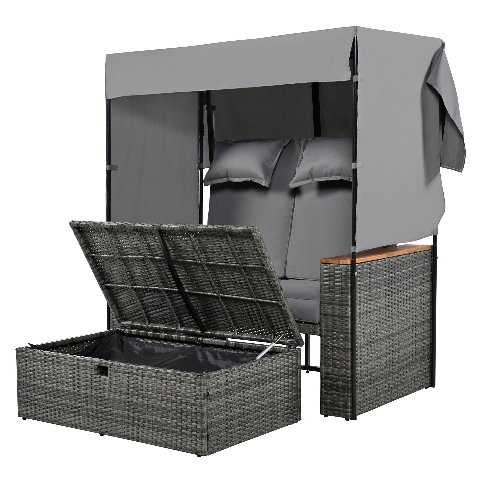 2-Piece Outdoor Rattan Daybed with Bench Lounge Roof Set and Cushions for Poolside, Backyard and Garden - Energize Trek