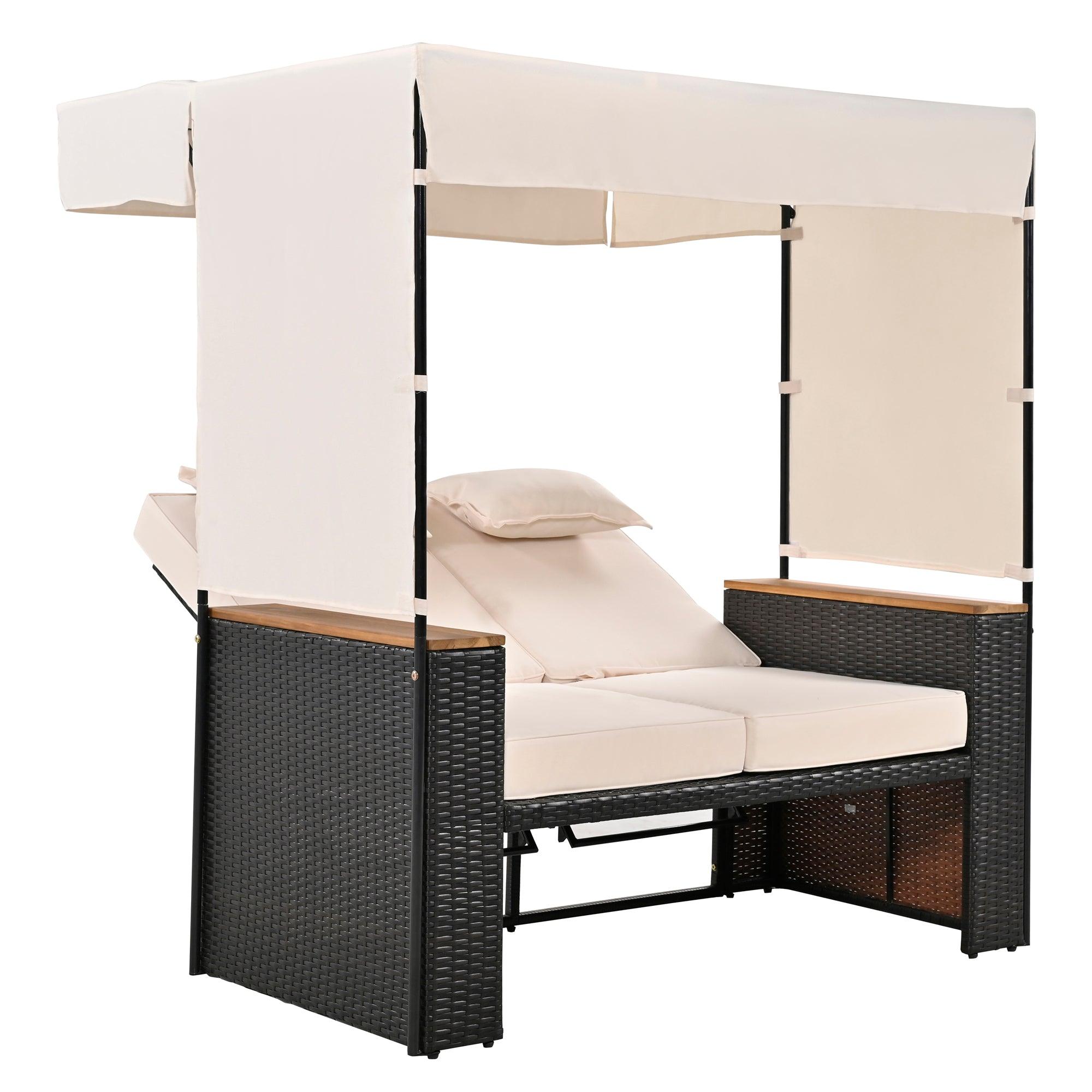 2-Piece Outdoor Rattan Daybed with Bench Lounge Roof Set and Cushions for Poolside, Backyard and Garden - Energize Trek