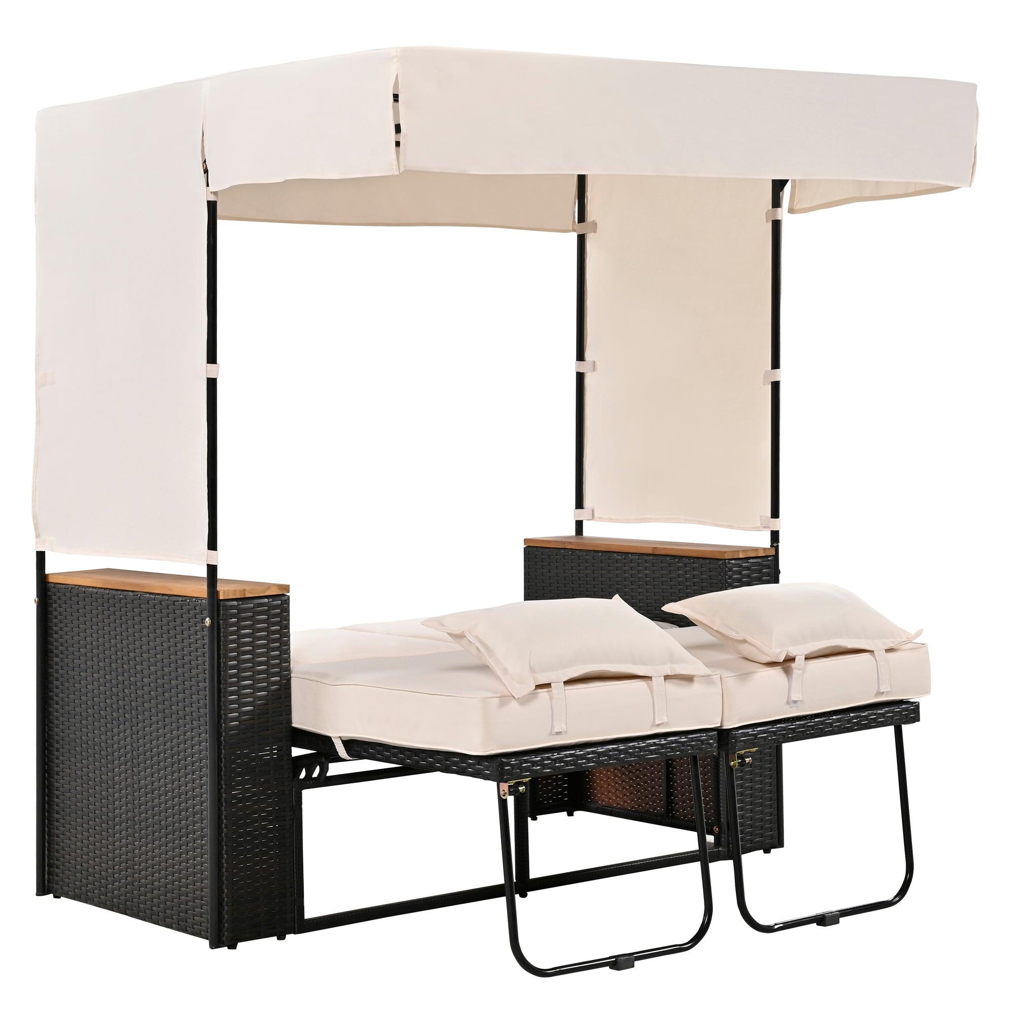 2-Piece Outdoor Rattan Daybed with Bench Lounge Roof Set and Cushions for Poolside, Backyard and Garden - Energize Trek