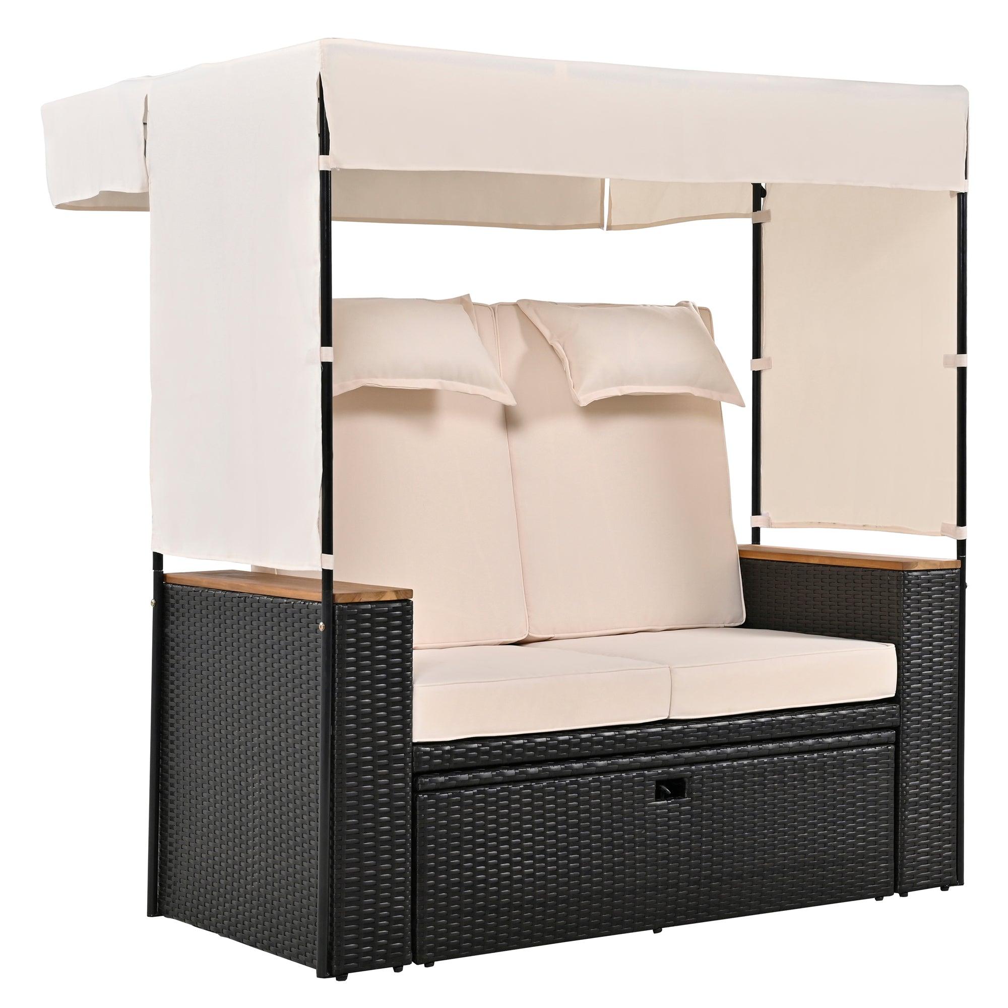 2-Piece Outdoor Rattan Daybed with Bench Lounge Roof Set and Cushions for Poolside, Backyard and Garden - Energize Trek