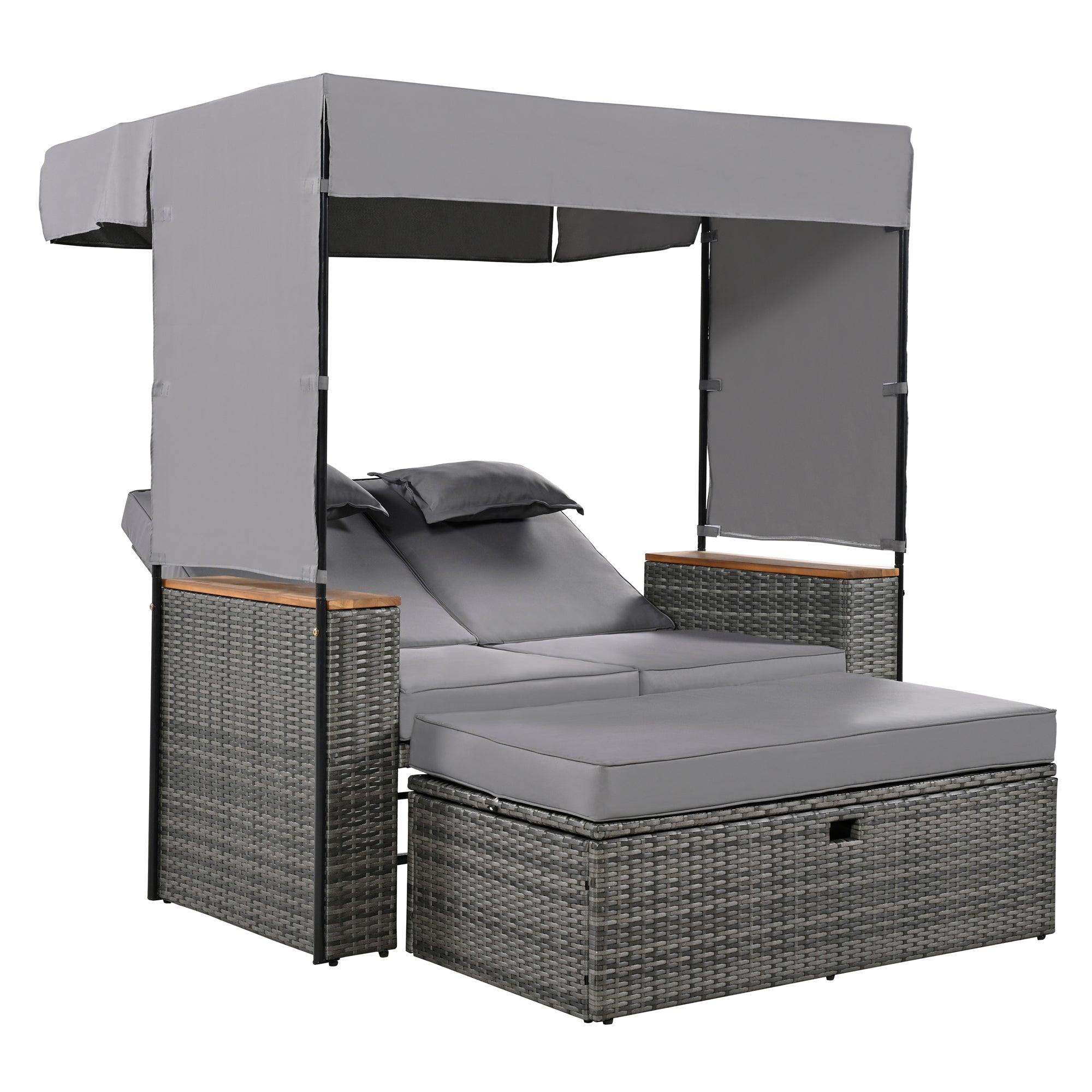 2-Piece Outdoor Rattan Daybed with Bench Lounge Roof Set and Cushions for Poolside, Backyard and Garden