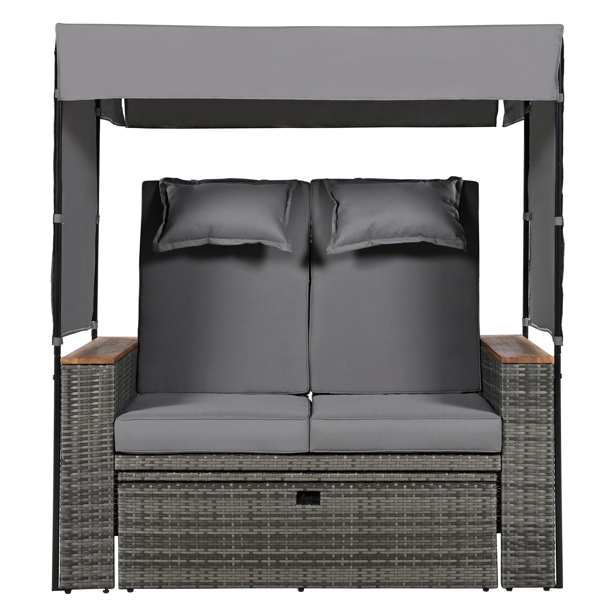 2-Piece Outdoor Rattan Daybed with Bench Lounge Roof Set and Cushions for Poolside, Backyard and Garden - Energize Trek
