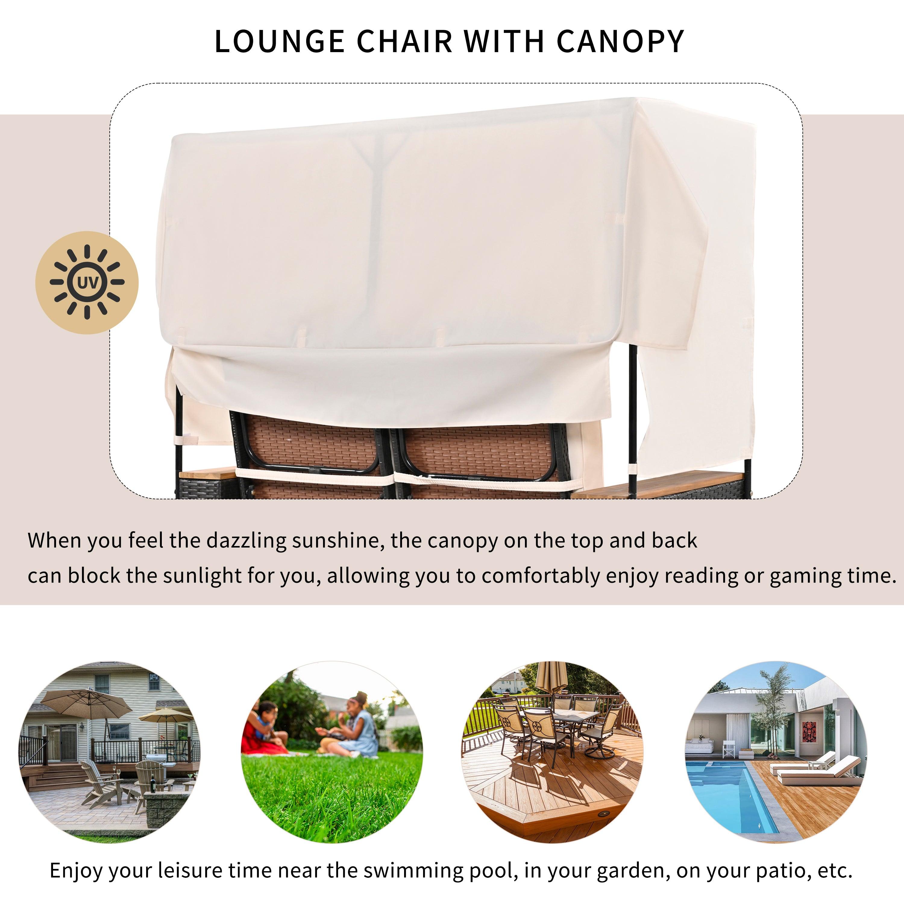 2-Piece Outdoor Rattan Daybed with Bench Lounge Roof Set and Cushions for Poolside, Backyard and Garden - Energize Trek
