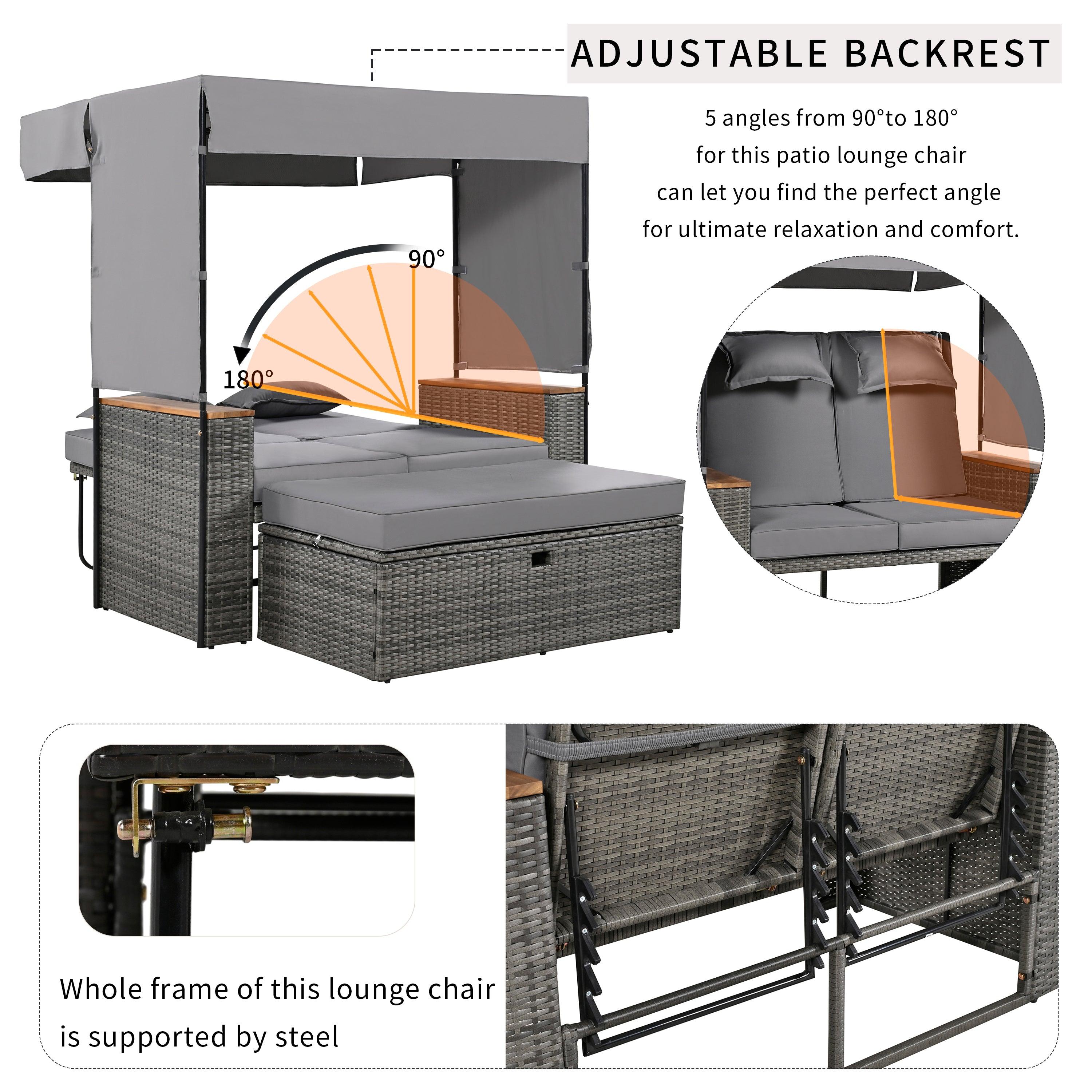 2-Piece Outdoor Rattan Daybed with Bench Lounge Roof Set and Cushions for Poolside, Backyard and Garden - Energize Trek