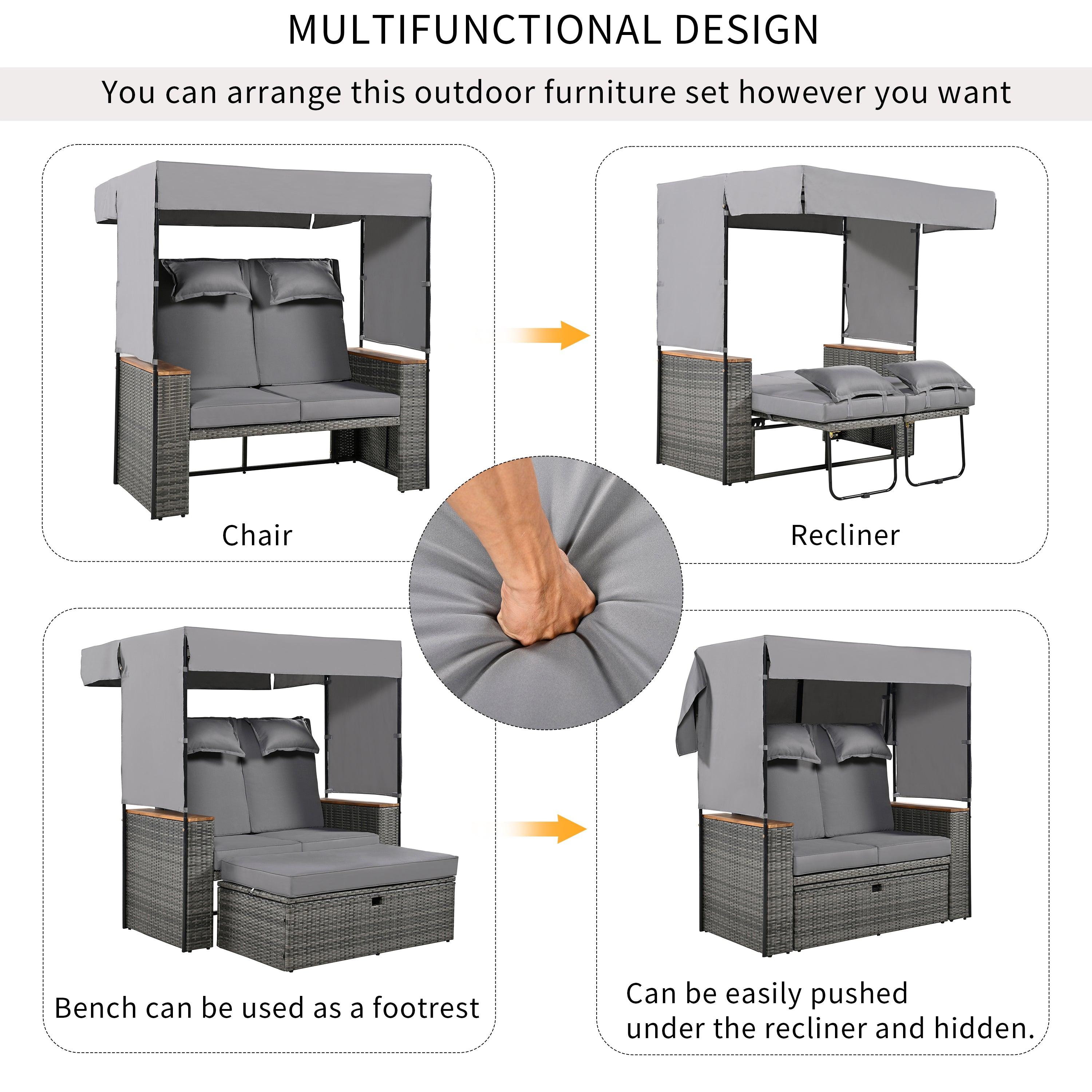 2-Piece Outdoor Rattan Daybed with Bench Lounge Roof Set and Cushions for Poolside, Backyard and Garden - Energize Trek