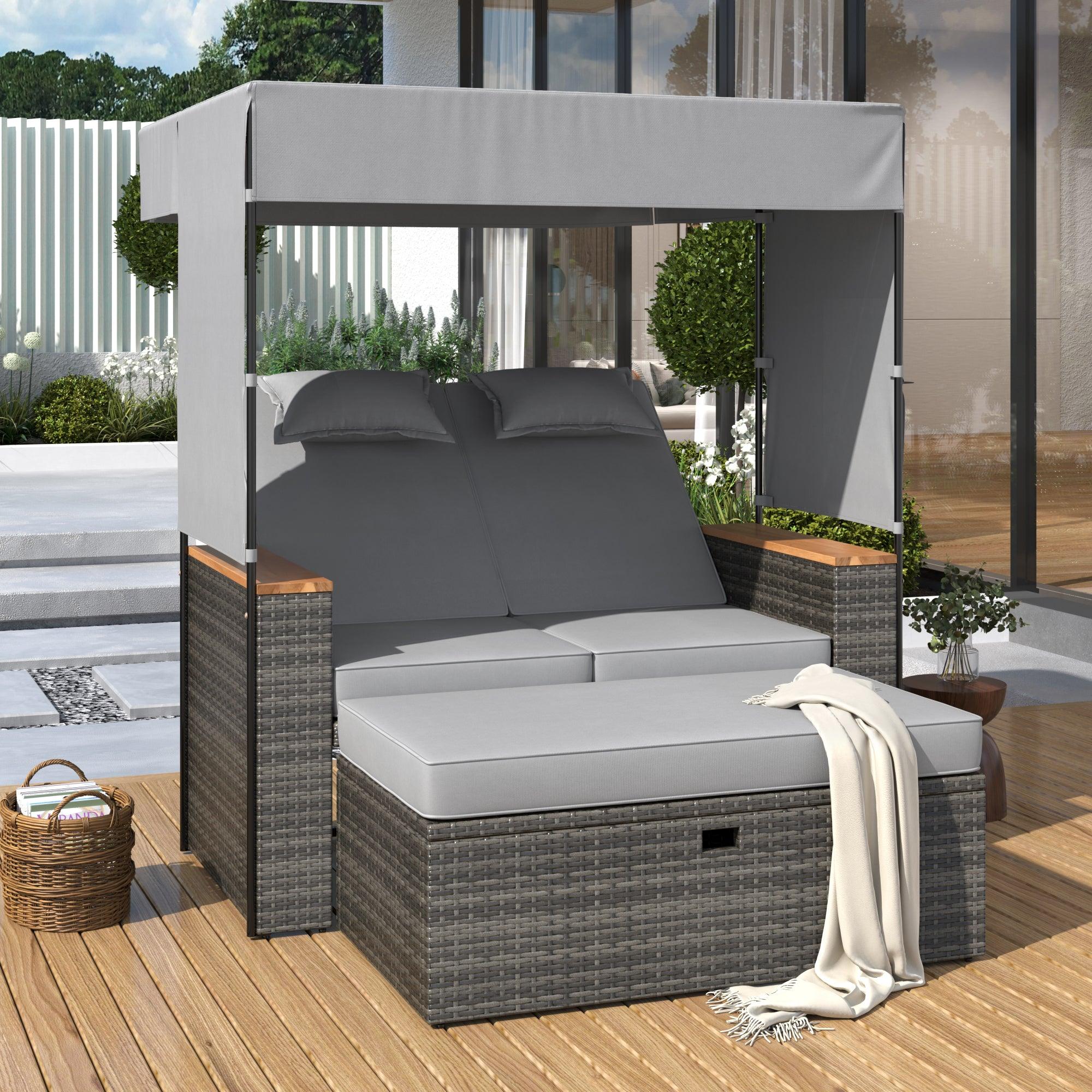 2-Piece Outdoor Rattan Daybed with Bench Lounge Roof Set and Cushions for Poolside, Backyard and Garden - Energize Trek