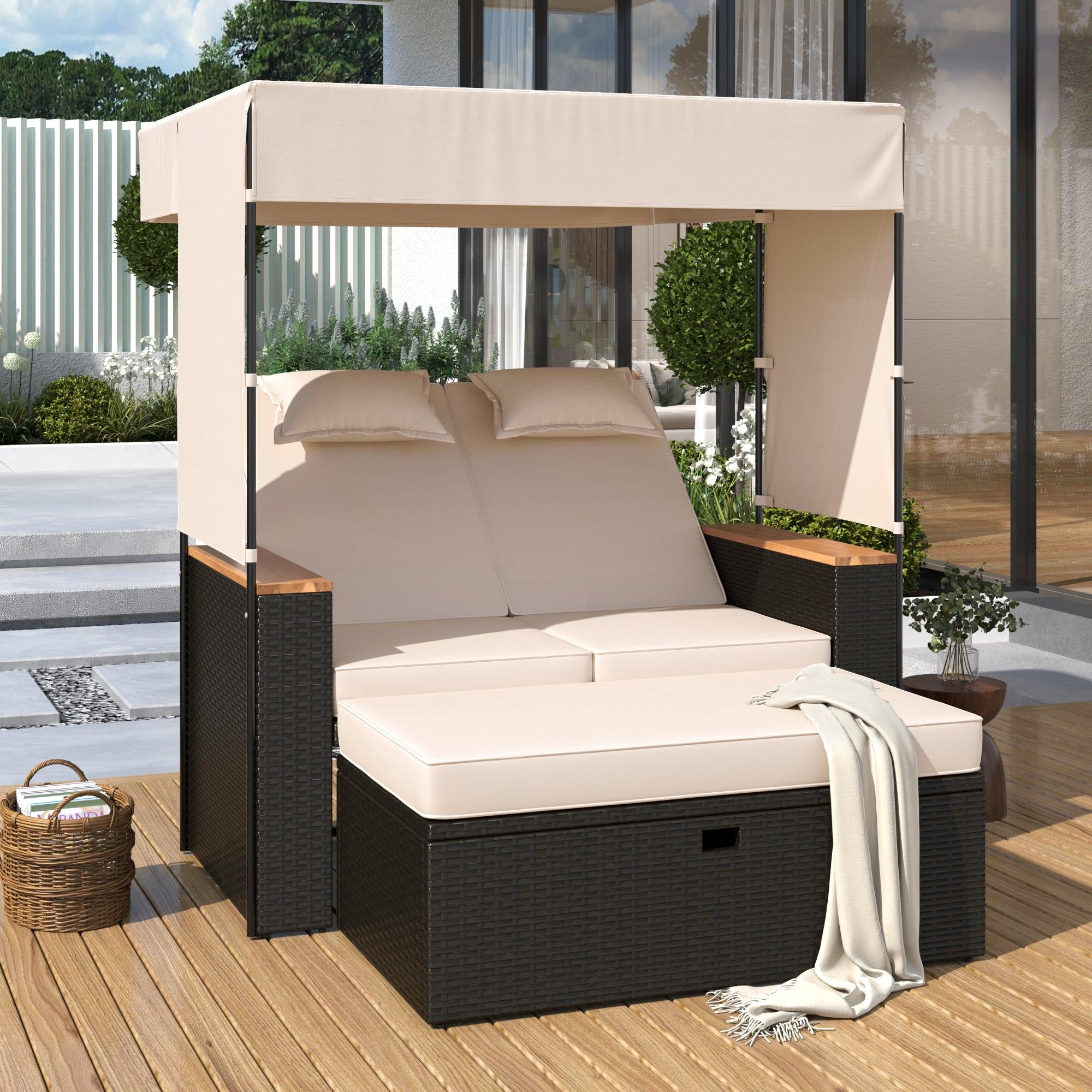 2-Piece Outdoor Rattan Daybed with Bench Lounge Roof Set and Cushions for Poolside, Backyard and Garden - Energize Trek
