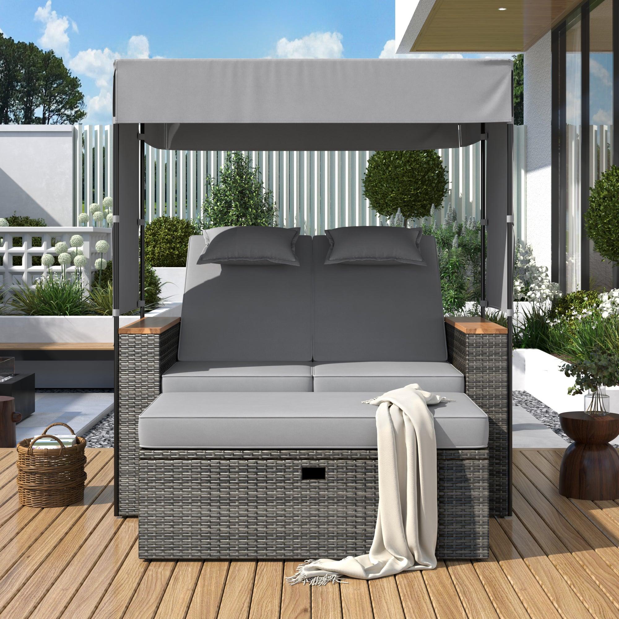 2-Piece Outdoor Rattan Daybed with Bench Lounge Roof Set and Cushions for Poolside, Backyard and Garden - Energize Trek