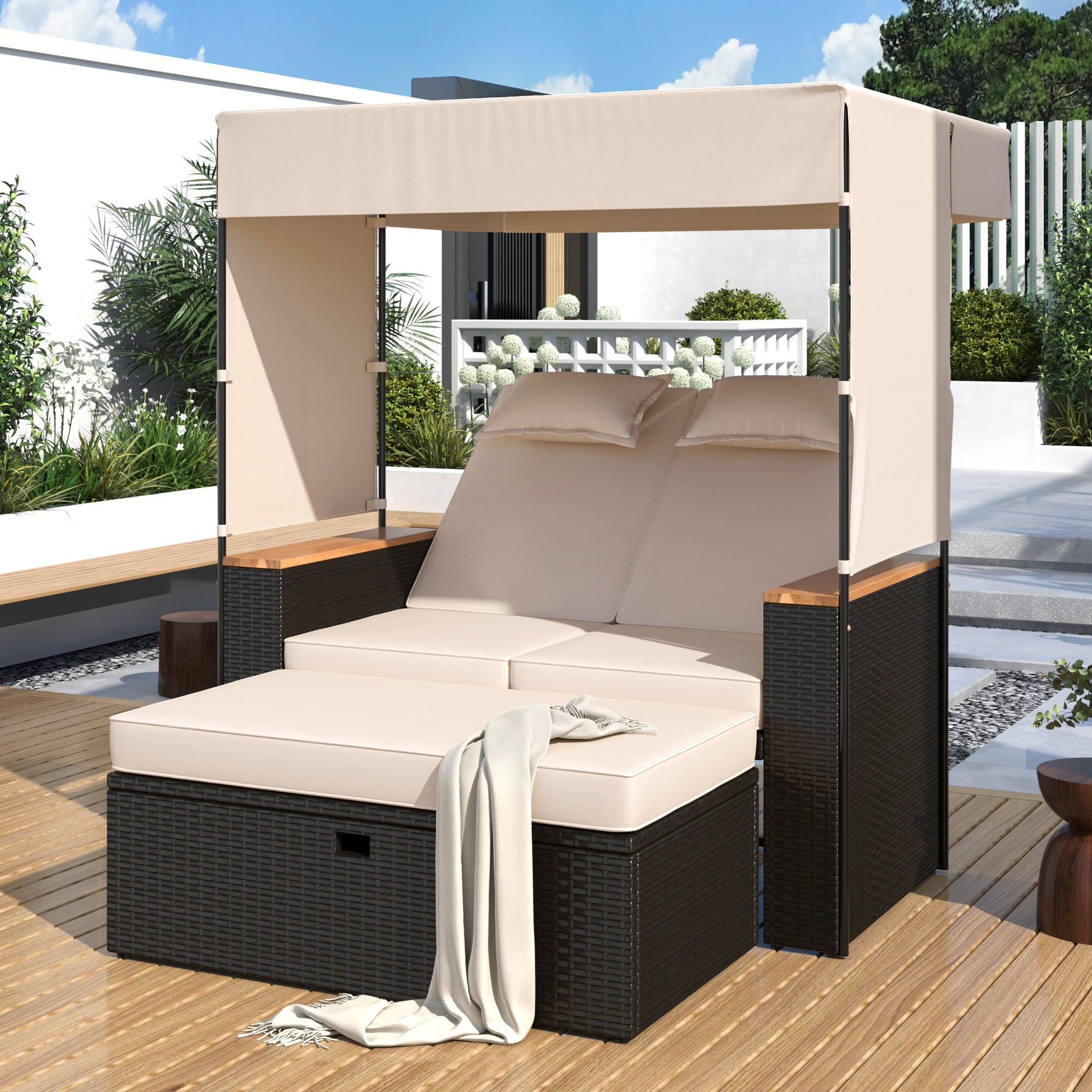 2-Piece Outdoor Rattan Daybed with Bench Lounge Roof Set and Cushions for Poolside, Backyard and Garden - Energize Trek
