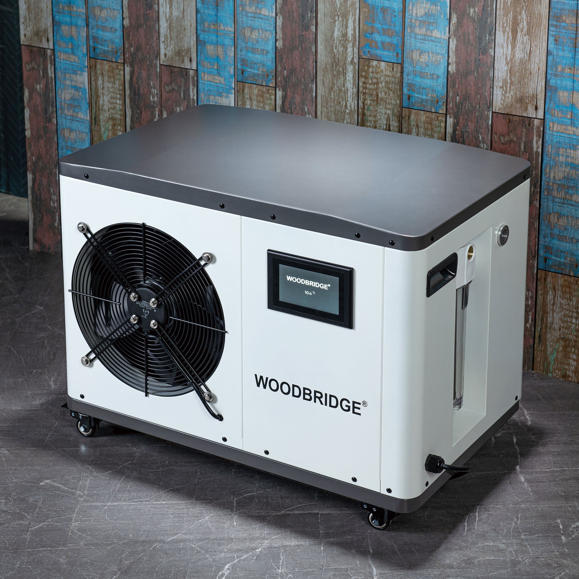WOODBRIDGE 59" Cold Plunge Tub with 1.3 HP High-Performance Cooling and Heating Chiller in White, Ozone sanitation, Filter circulation system, Insulated Tub Lid, Wood Stool, Wood Seat - Energize Trek