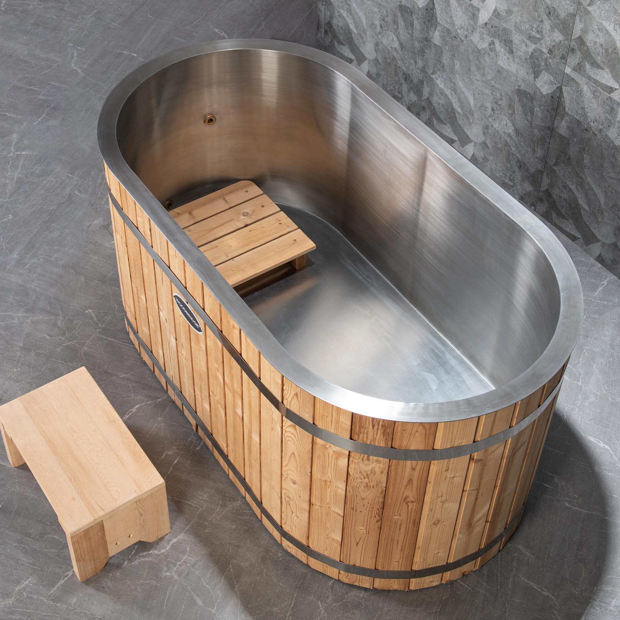 WOODBRIDGE 59" Cold Plunge Tub with 1.3 HP High-Performance Cooling and Heating Chiller in White, Ozone sanitation, Filter circulation system, Insulated Tub Lid, Wood Stool, Wood Seat - Energize Trek