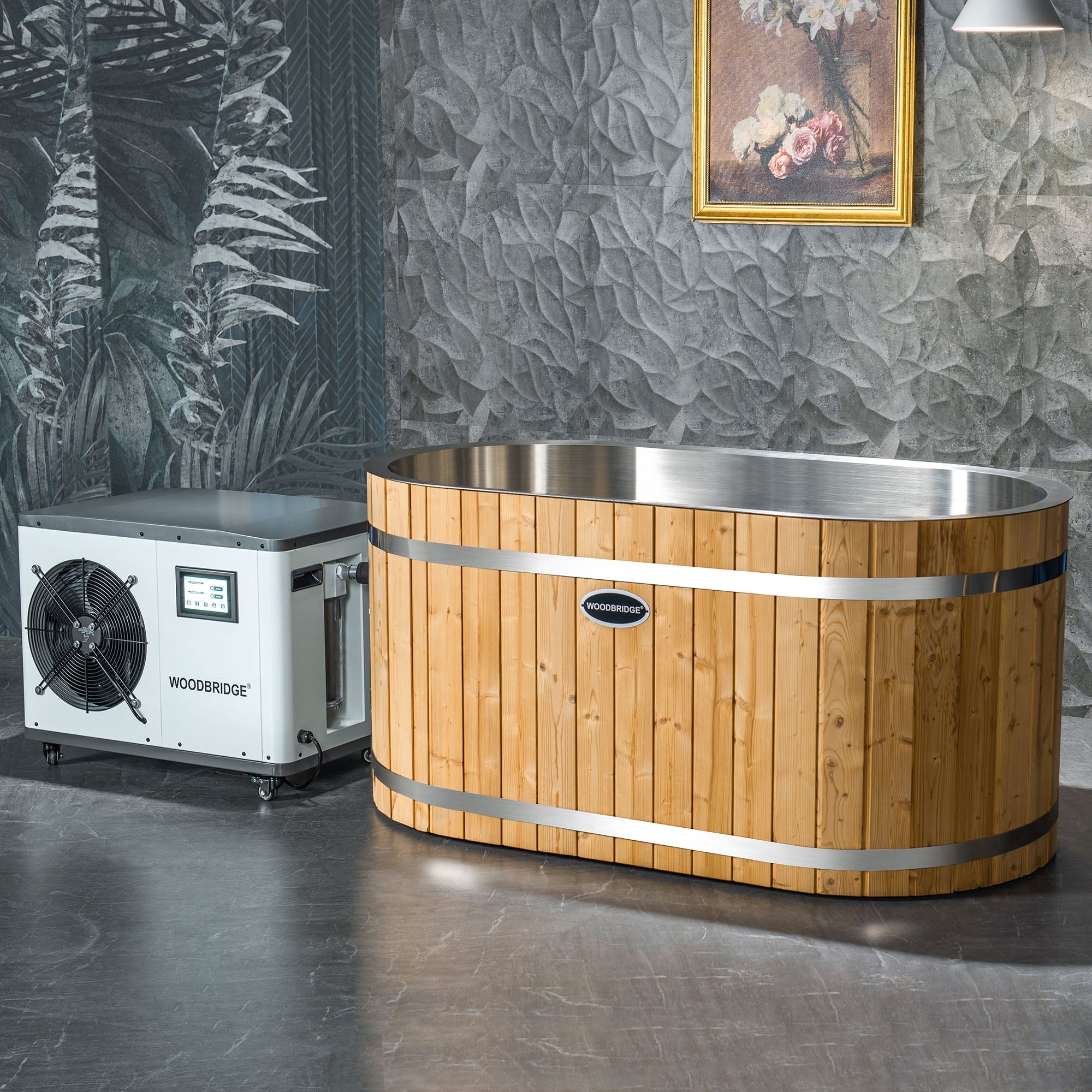 WOODBRIDGE 59" Cold Plunge Tub with 1.3 HP High-Performance Cooling and Heating Chiller in White, Ozone sanitation, Filter circulation system, Insulated Tub Lid, Wood Stool, Wood Seat - Energize Trek