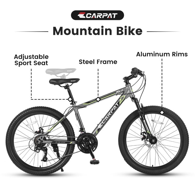 24 Inch Mountain Bike, Suitable For Boys And Girls, Steel Frame, Shimano 21 Speed Mountain Bike, With Dual Disc Brakes And Front Suspension, Banned Platform Temu - Energize Trek