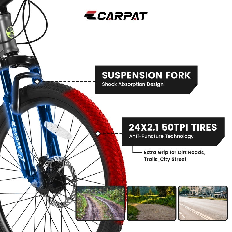 24 Inch Mountain Bike, Suitable For Boys And Girls, Steel Frame, Shimano 21 Speed Mountain Bike, With Dual Disc Brakes And Front Suspension, Banned Platform Temu - Energize Trek