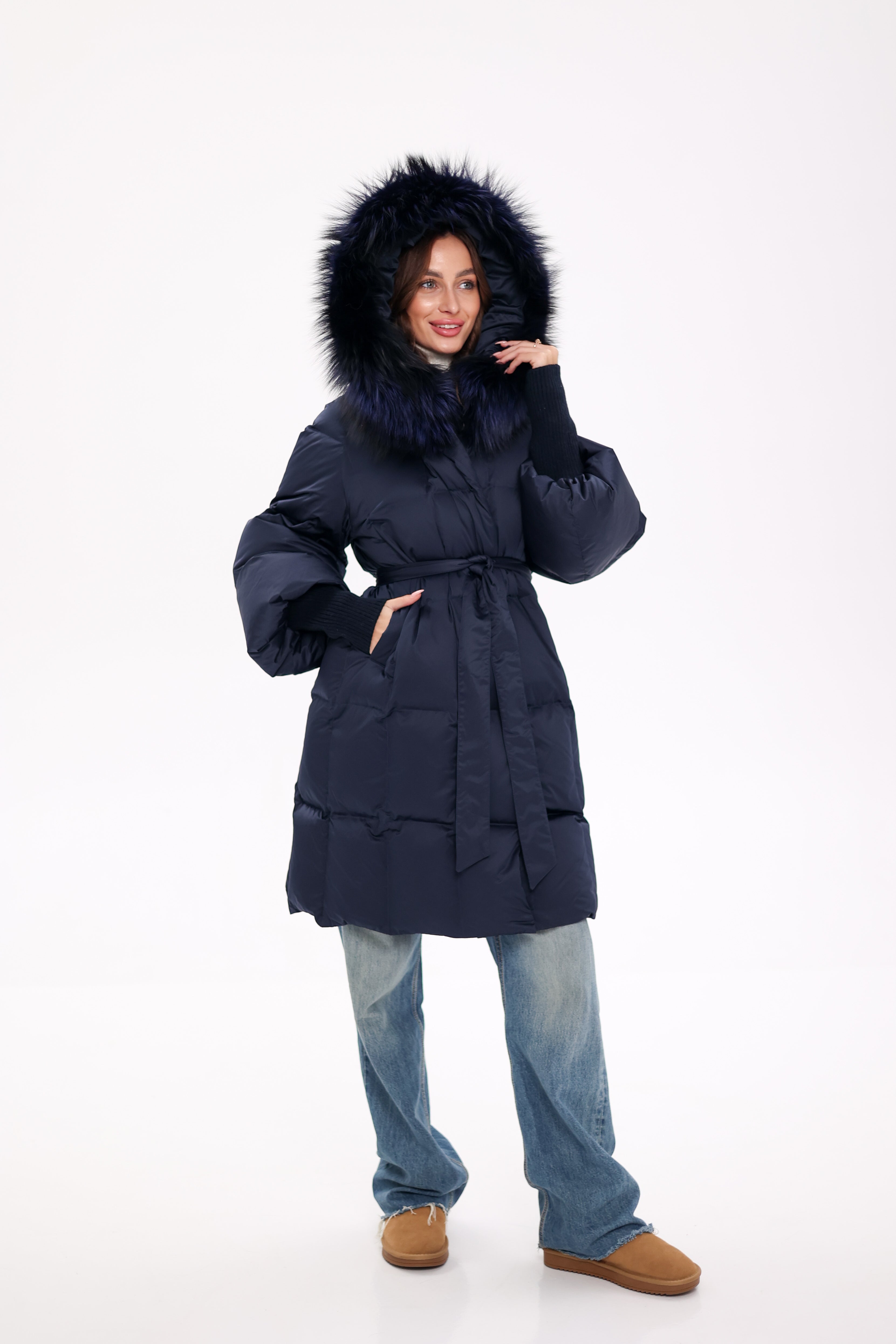 Genuine Fox Fur Trim Down Coat in Royal Blue - Energize Trek
