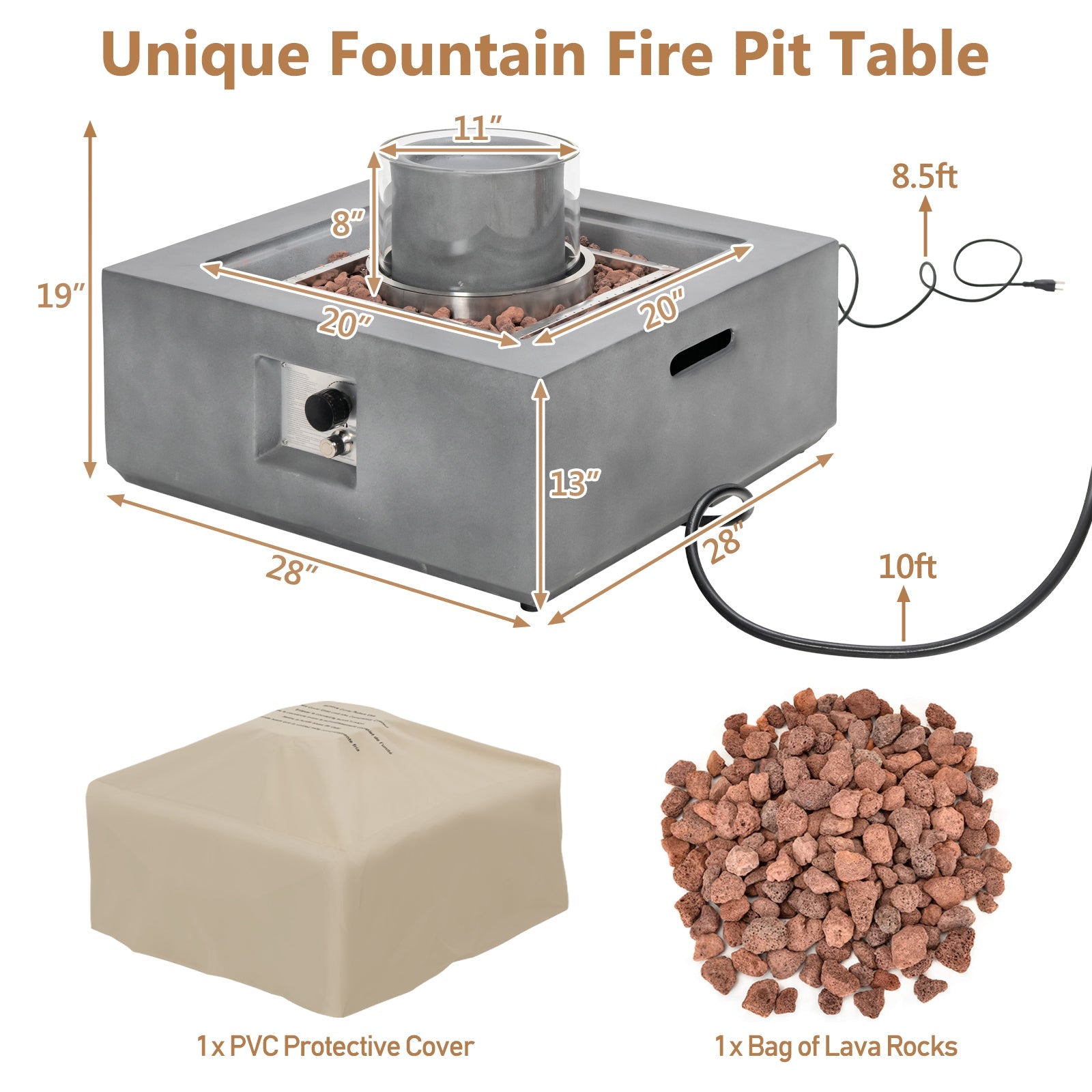 28 Inch 50000 BTU Patio Square Propane Fire Pit with PVC Cover-Gray - Energize Trek