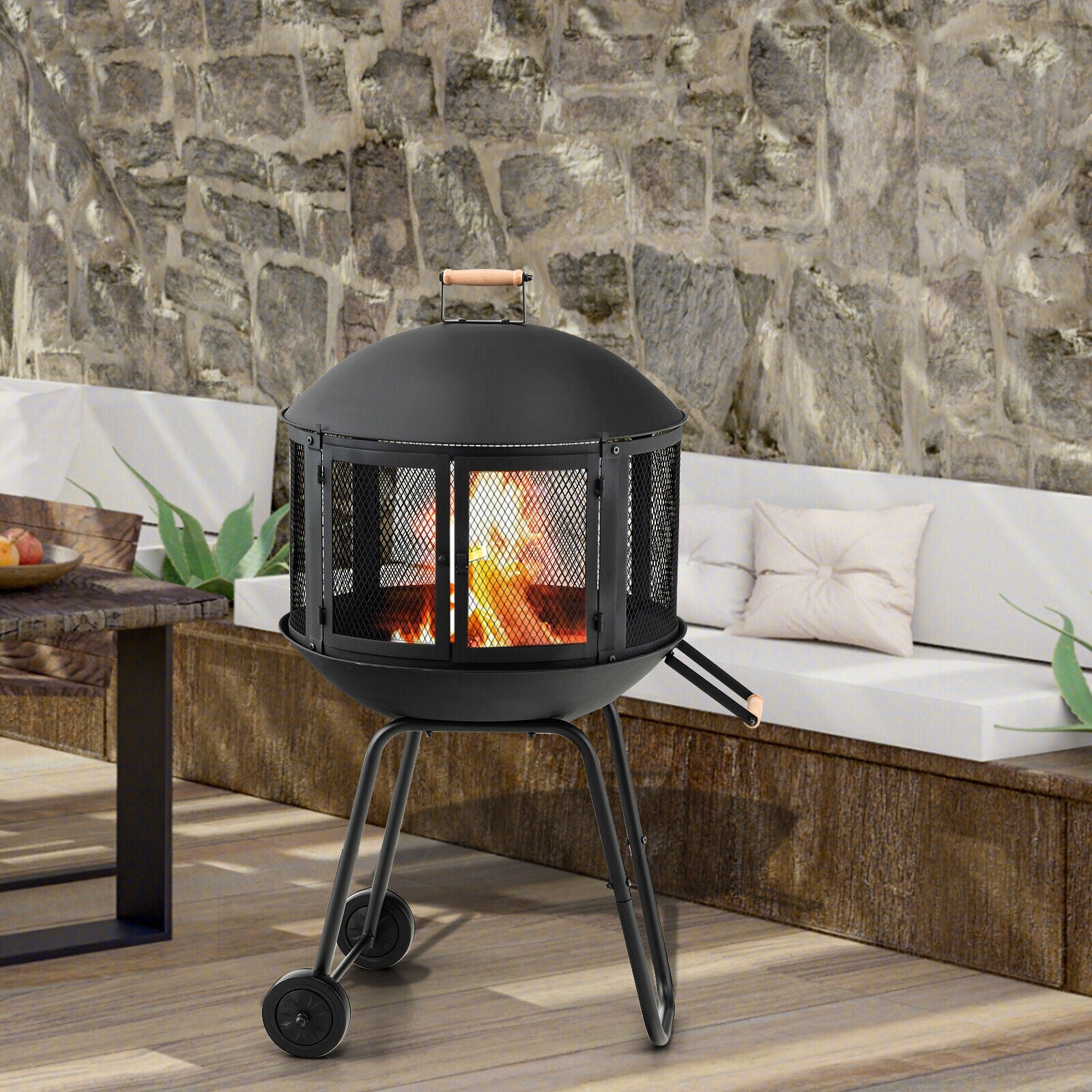 28 Inch Portable Fire Pit on Wheels with Log Grate-Black - Energize Trek