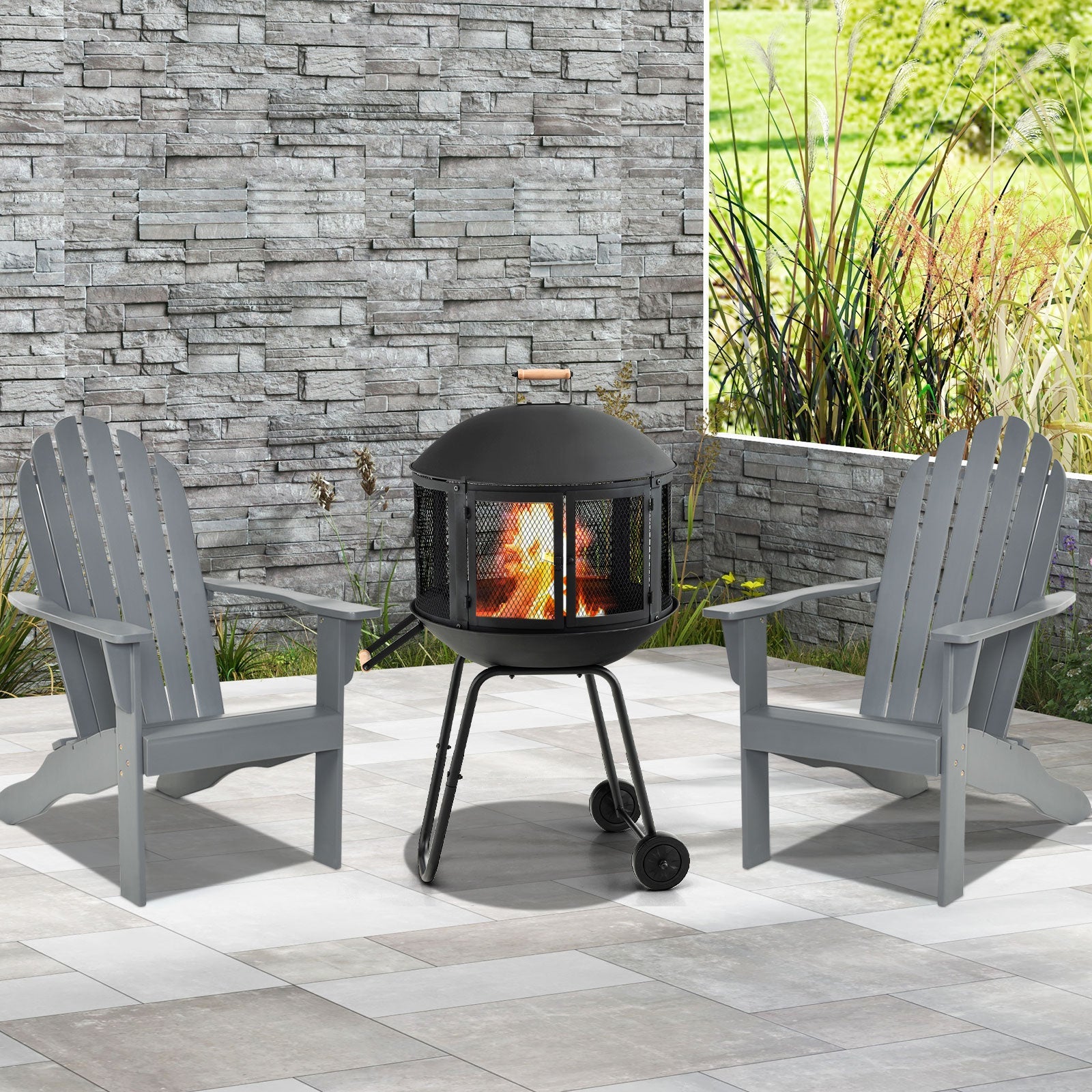 28 Inch Portable Fire Pit on Wheels with Log Grate-Black - Energize Trek