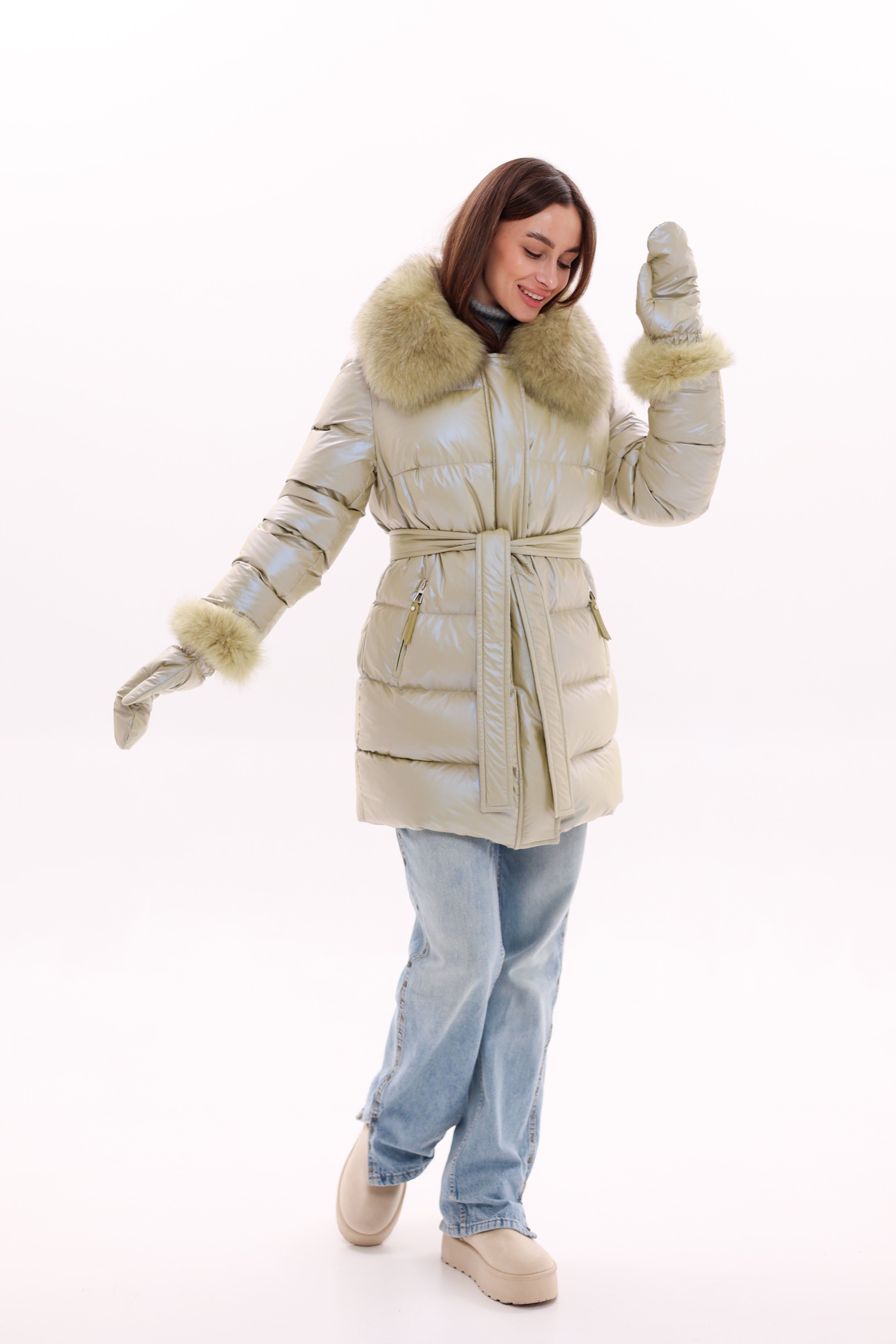Genuine Fox Fur Down Coat with Fur Trim Mittens - Energize Trek