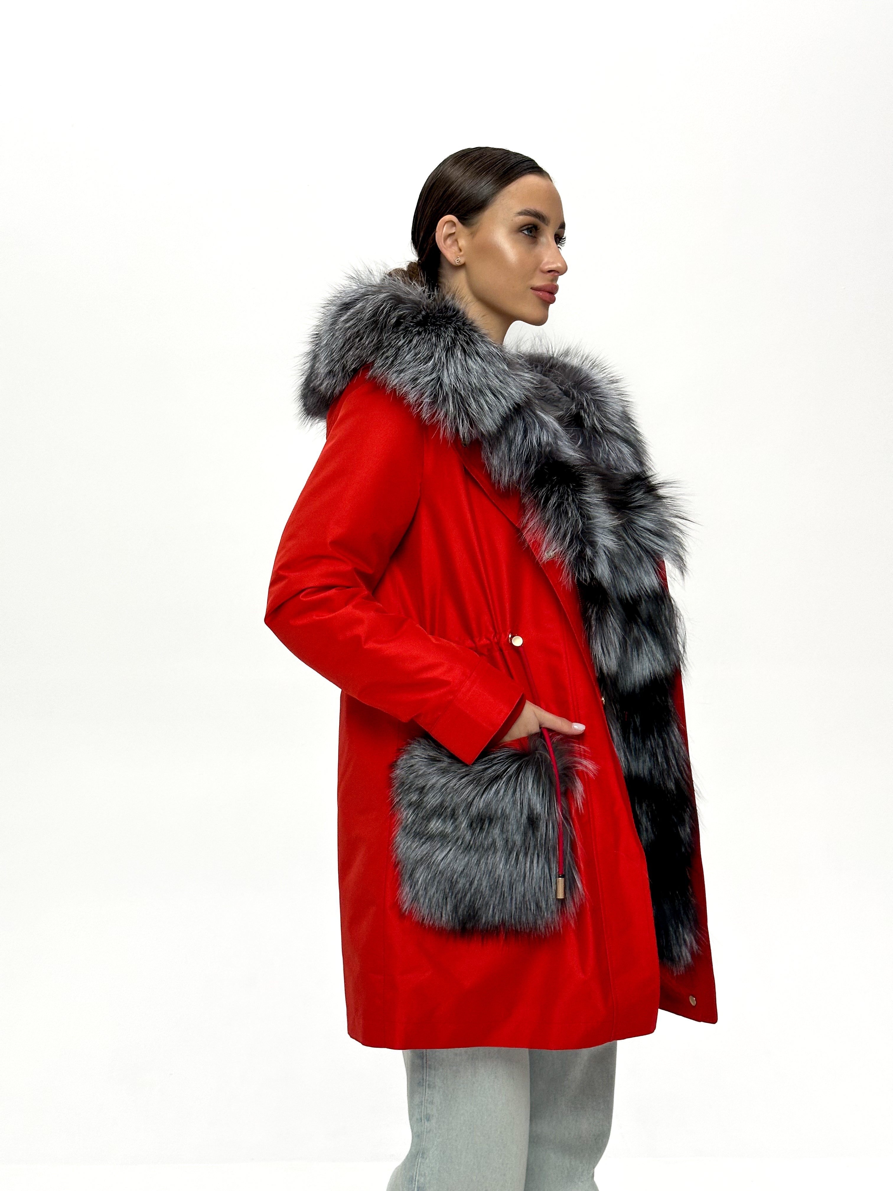 Roma Genuine Silver Fox Fur Rabbit Fur Insulated Parka in Red - Energize Trek