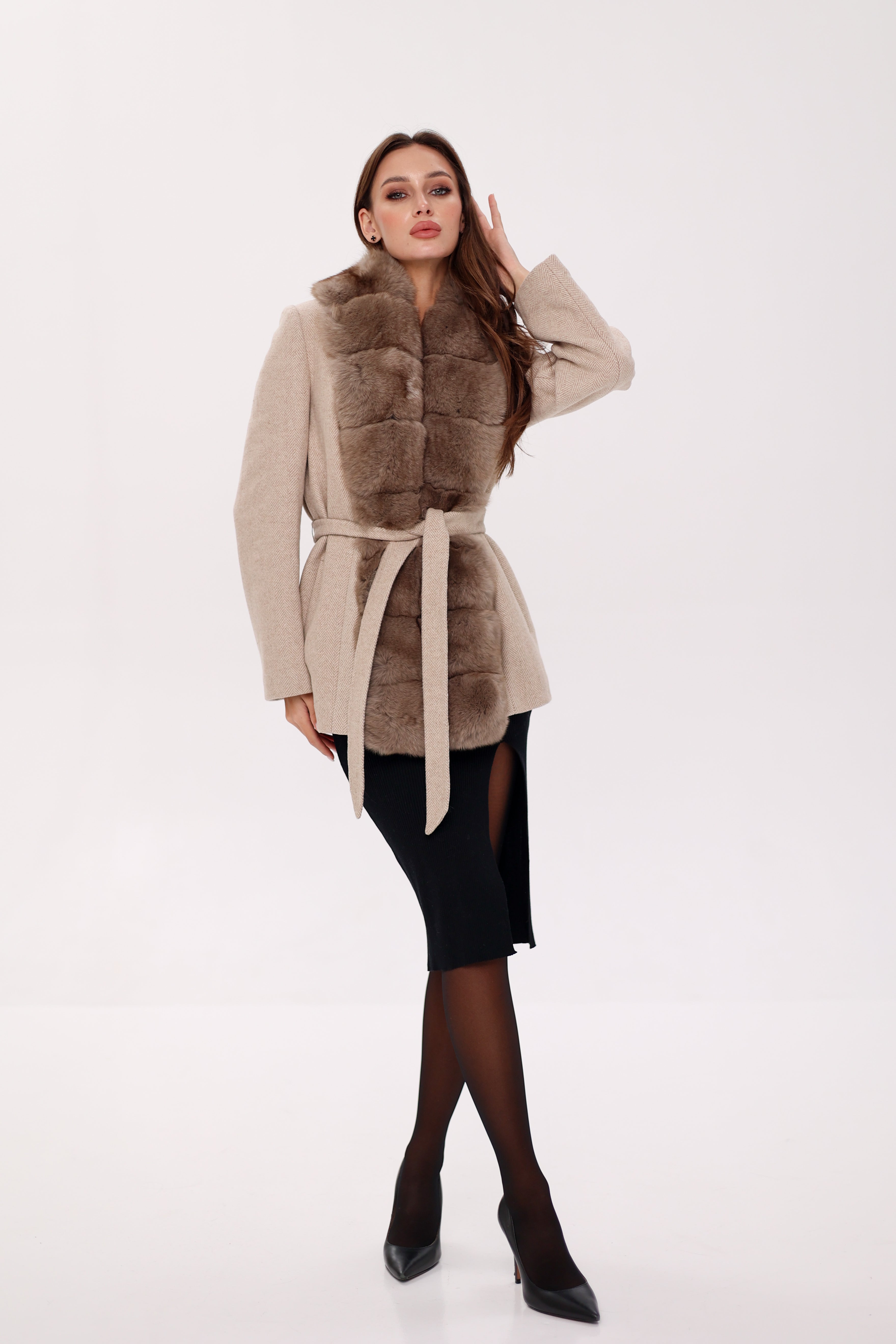 Genuine Polar Fox Fur Virgin Wool Coat in Nude - Energize Trek