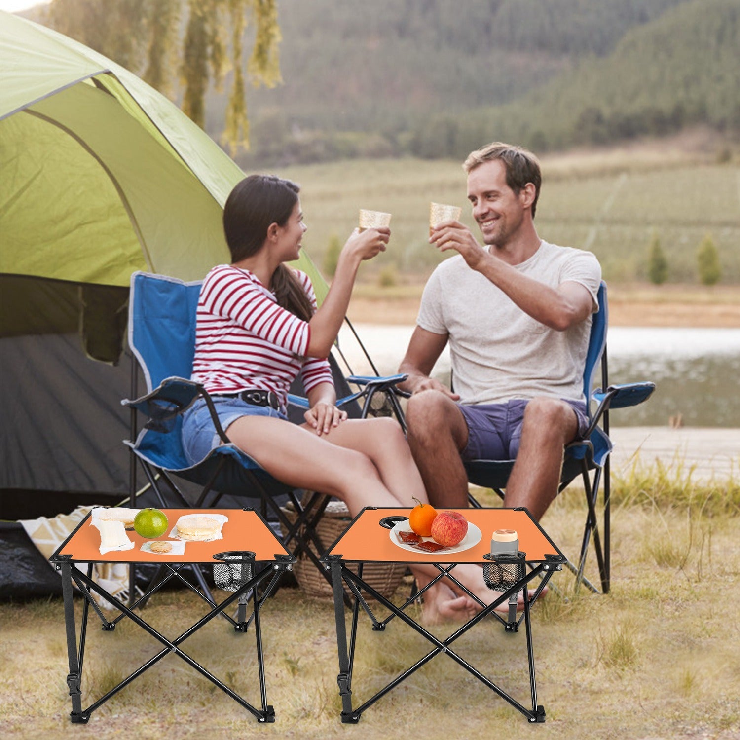 2Pcs Foldable Camping Table Portable Picnic Table Lightweight Travel Desk with 2 Cup Holders/Table Carrying Bag - Energize Trek