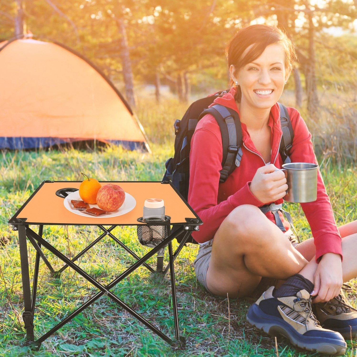 2Pcs Foldable Camping Table Portable Picnic Table Lightweight Travel Desk with 2 Cup Holders/Table Carrying Bag - Energize Trek