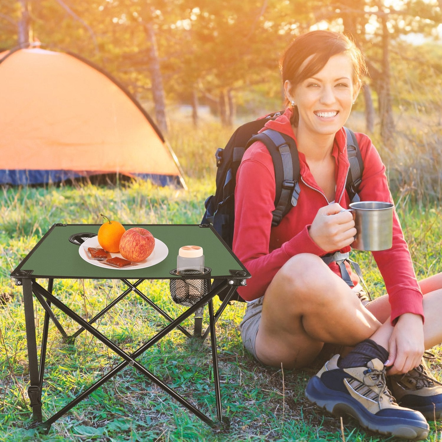 2Pcs Foldable Camping Table Portable Picnic Table Lightweight Travel Desk with 2 Cup Holders/Table Carrying Bag - Energize Trek