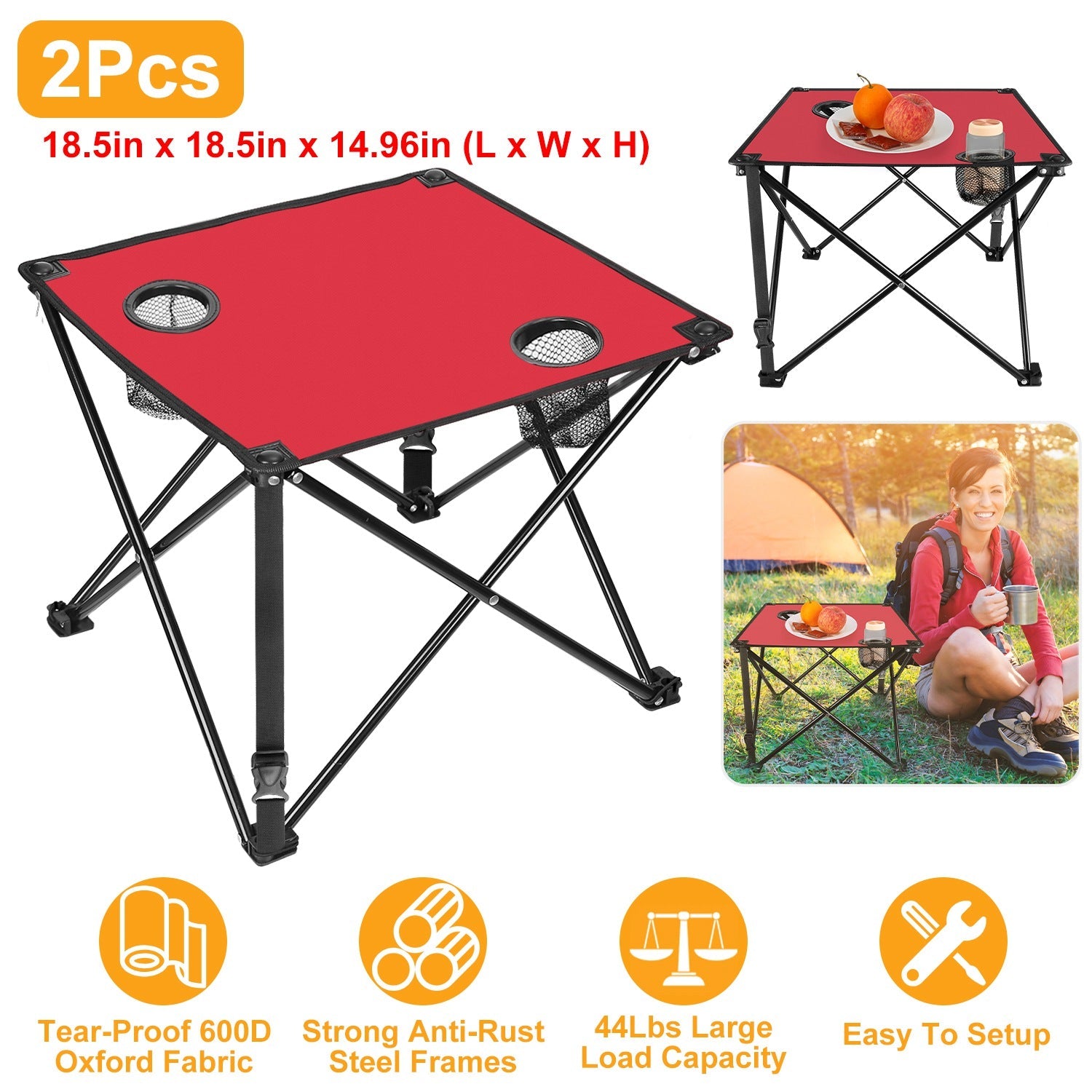 2Pcs Foldable Camping Table Portable Picnic Table Lightweight Travel Desk with 2 Cup Holders/Table Carrying Bag - Energize Trek