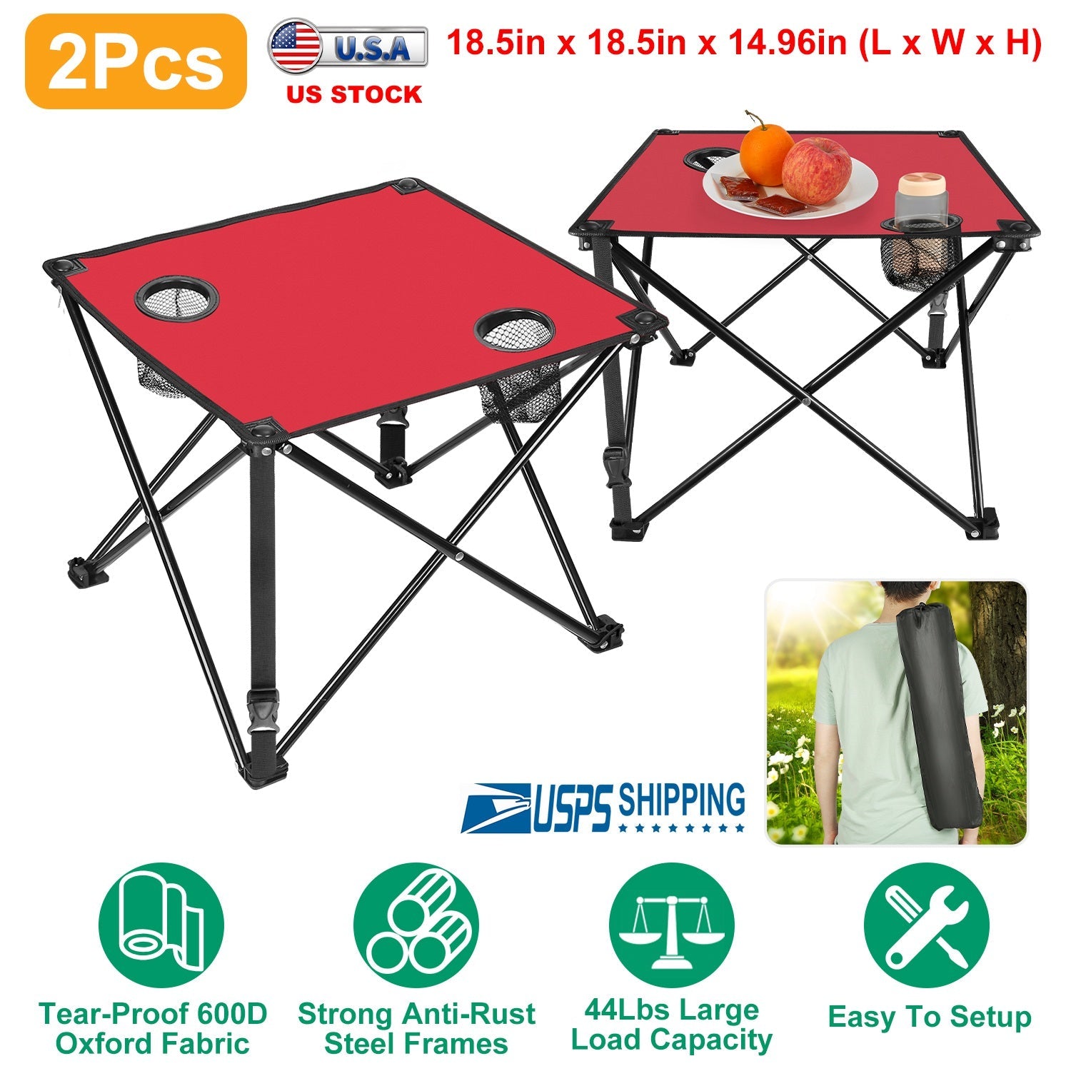 2Pcs Foldable Camping Table Portable Picnic Table Lightweight Travel Desk with 2 Cup Holders/Table Carrying Bag - Energize Trek
