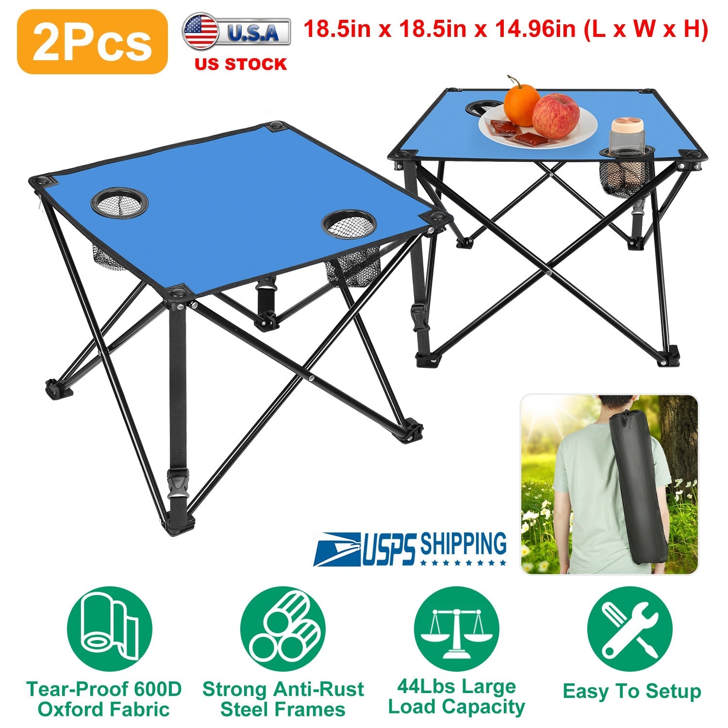 2Pcs Foldable Camping Table Portable Picnic Table Lightweight Travel Desk with 2 Cup Holders/Table Carrying Bag - Energize Trek