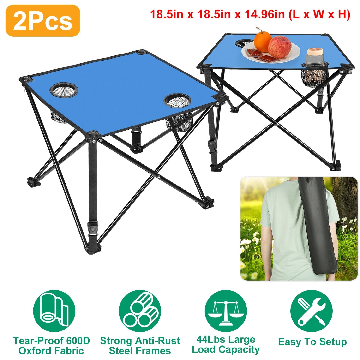 2Pcs Foldable Camping Table Portable Picnic Table Lightweight Travel Desk with 2 Cup Holders/Table Carrying Bag - Energize Trek