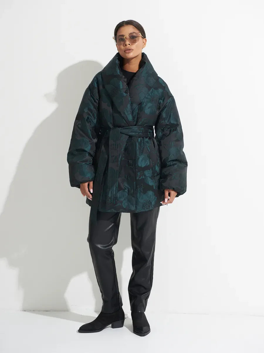 Monochrome Jacquard Down Coat in Vintage Emerald - Energize Trek