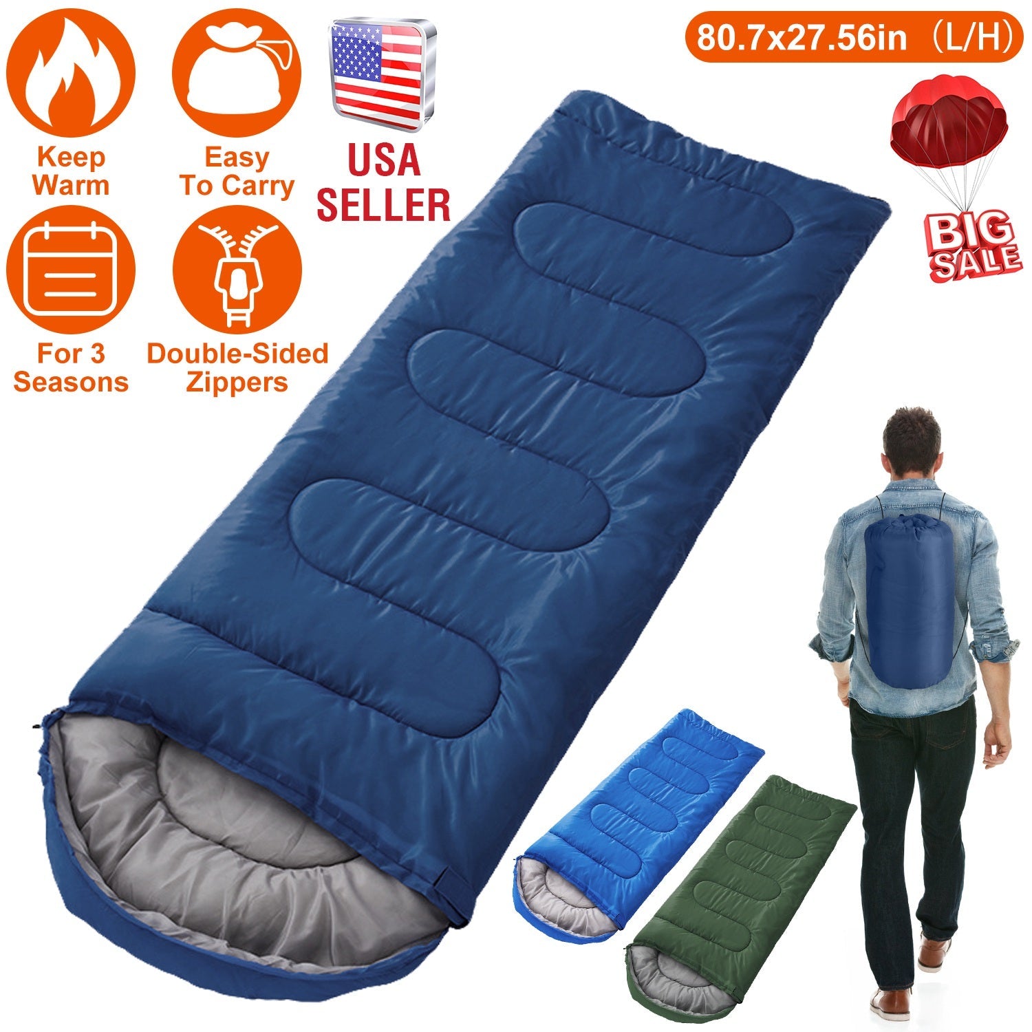 Camping Sleeping Bags for Adults Teens Moisture-Proof Hiking Sleep Bag with Carry Bag 32-50℉ for Spring Autumn Winter Seasons